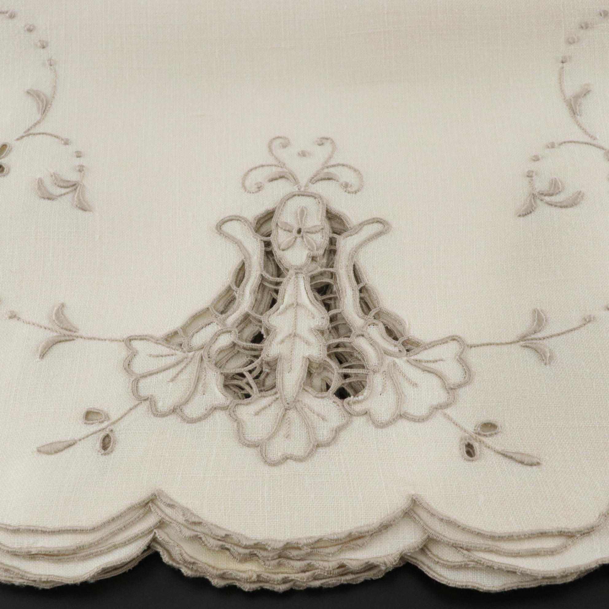 Openwork Machine Embroidered Table Linens In Tan and Sage