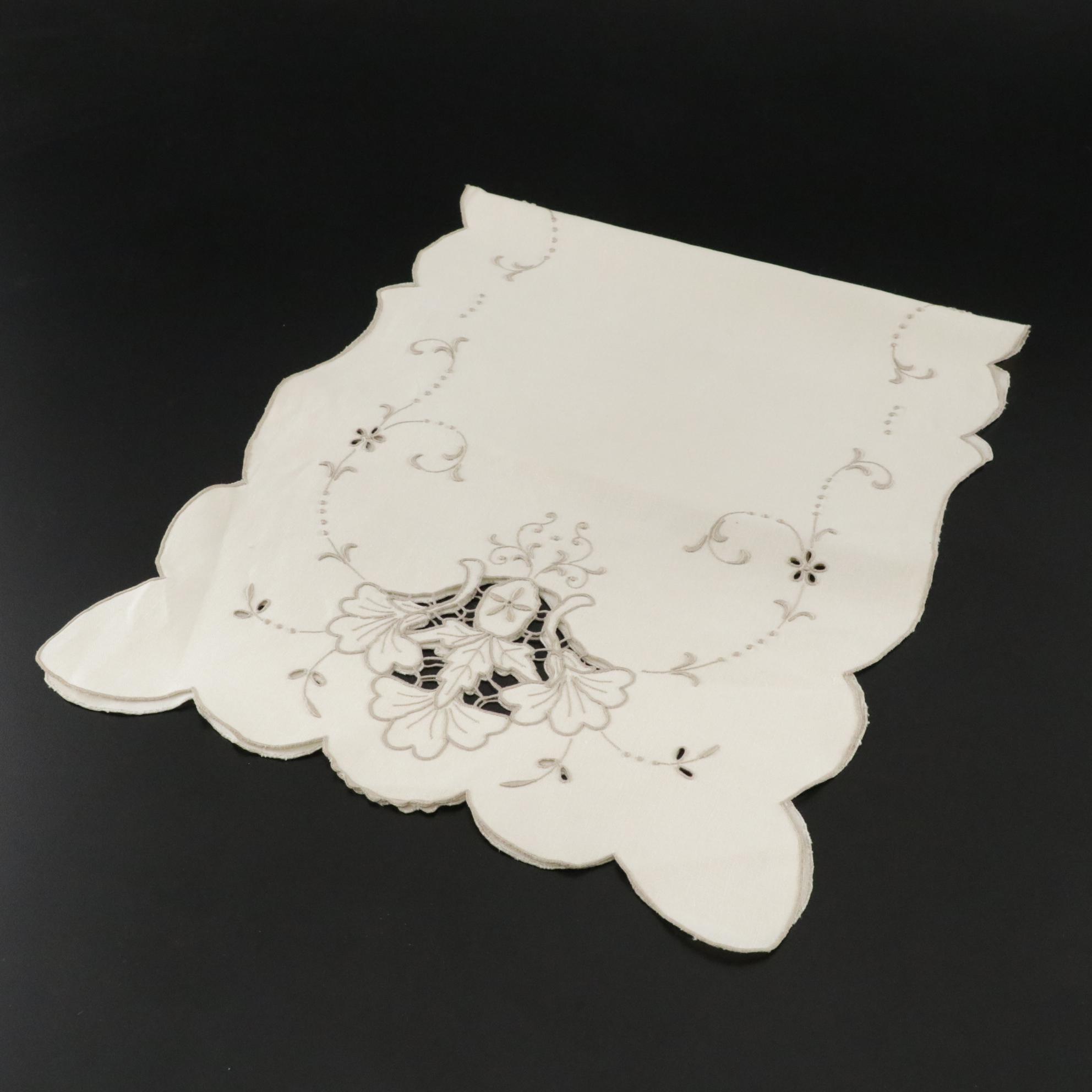 Openwork Machine Embroidered Table Linens In Tan and Sage