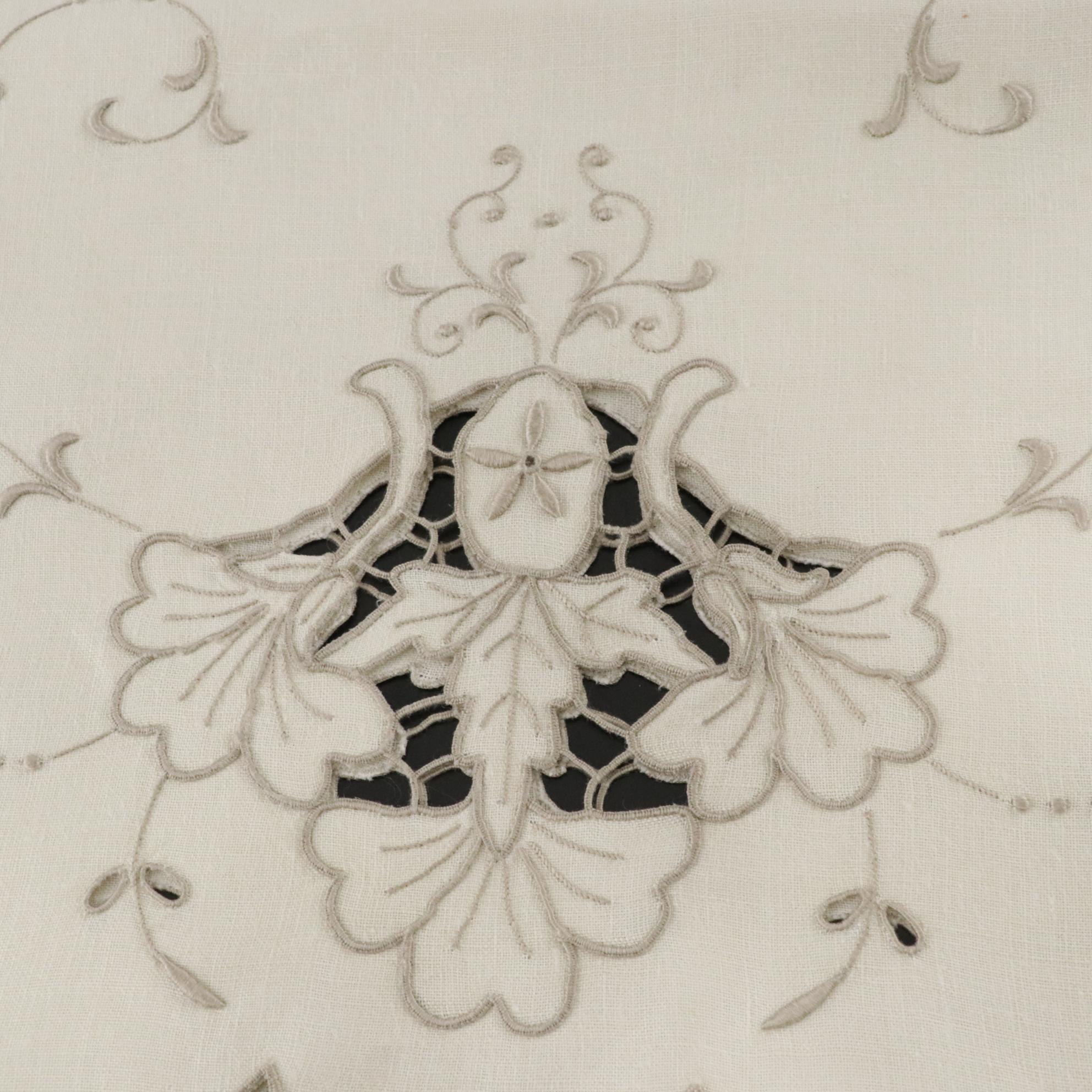 Openwork Machine Embroidered Table Linens In Tan and Sage