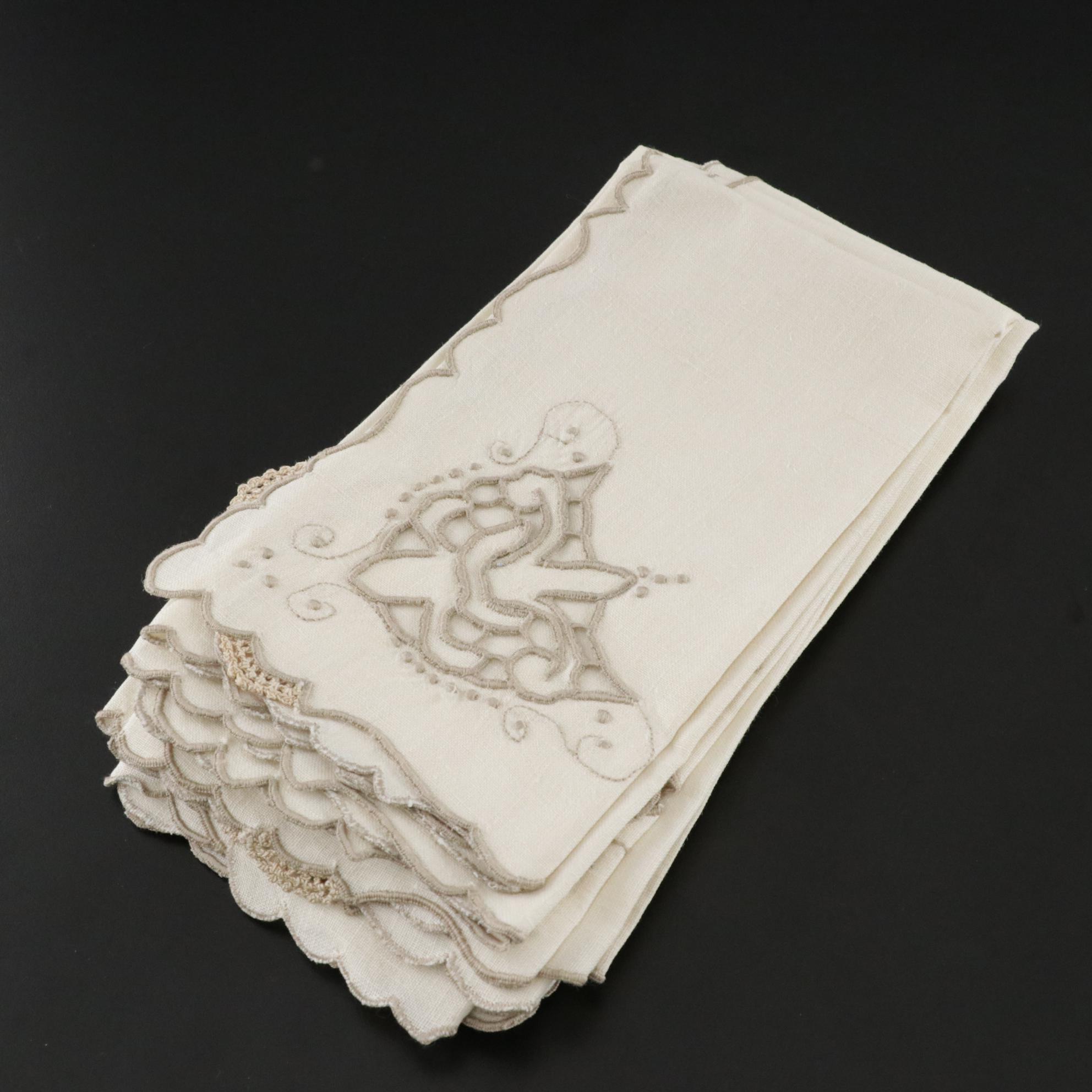 Openwork Machine Embroidered Table Linens In Tan and Sage