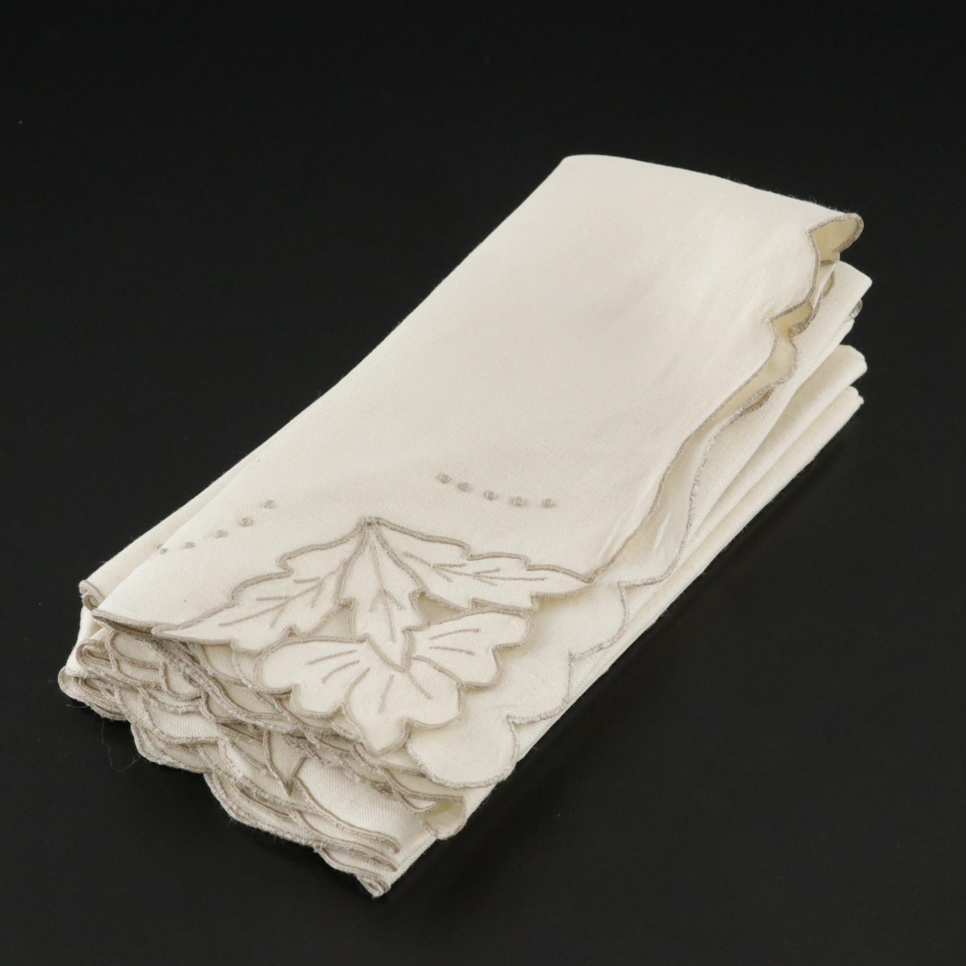 Openwork Machine Embroidered Table Linens In Tan and Sage