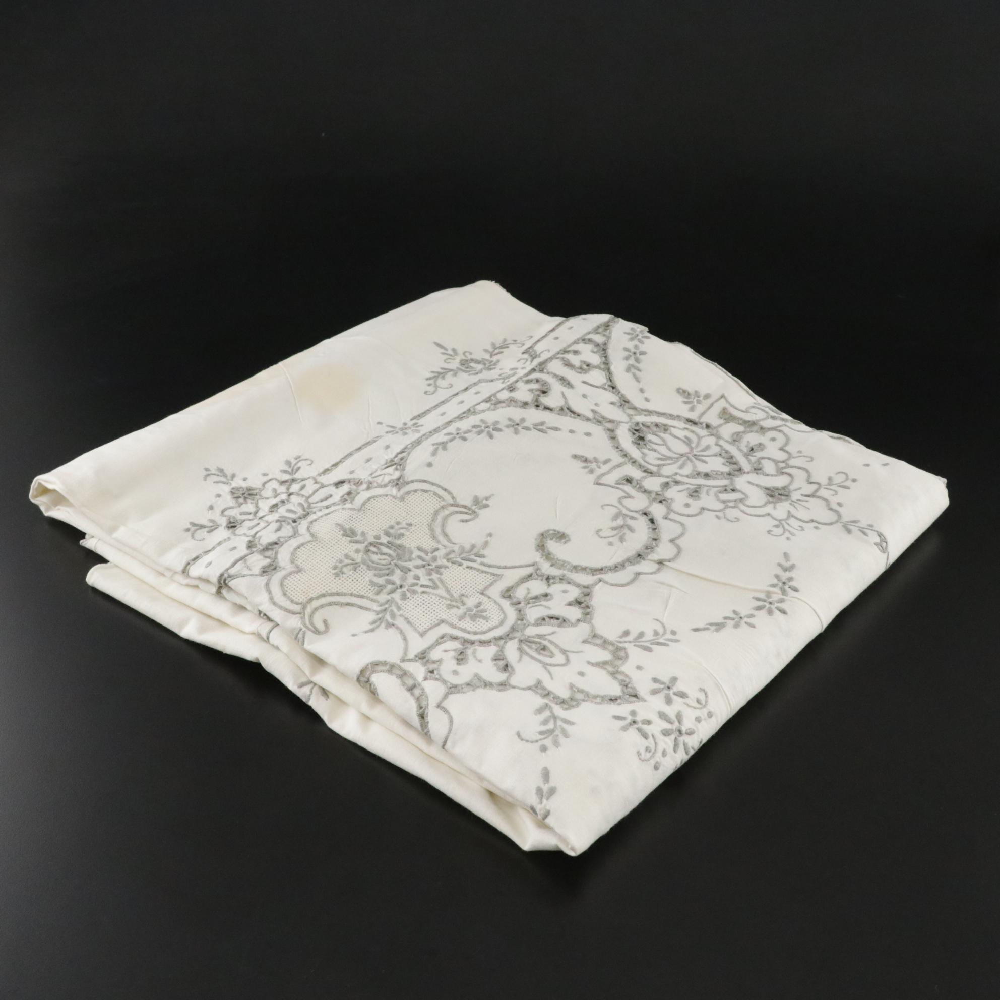 Openwork Machine Embroidered Table Linens In Tan and Sage