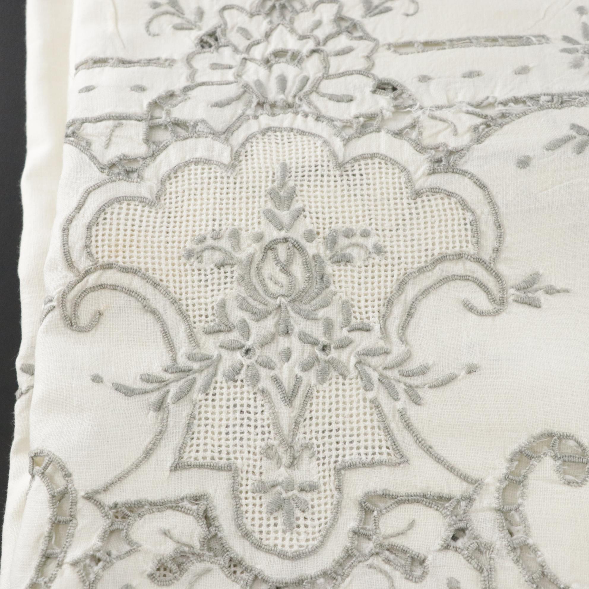 Openwork Machine Embroidered Table Linens In Tan and Sage