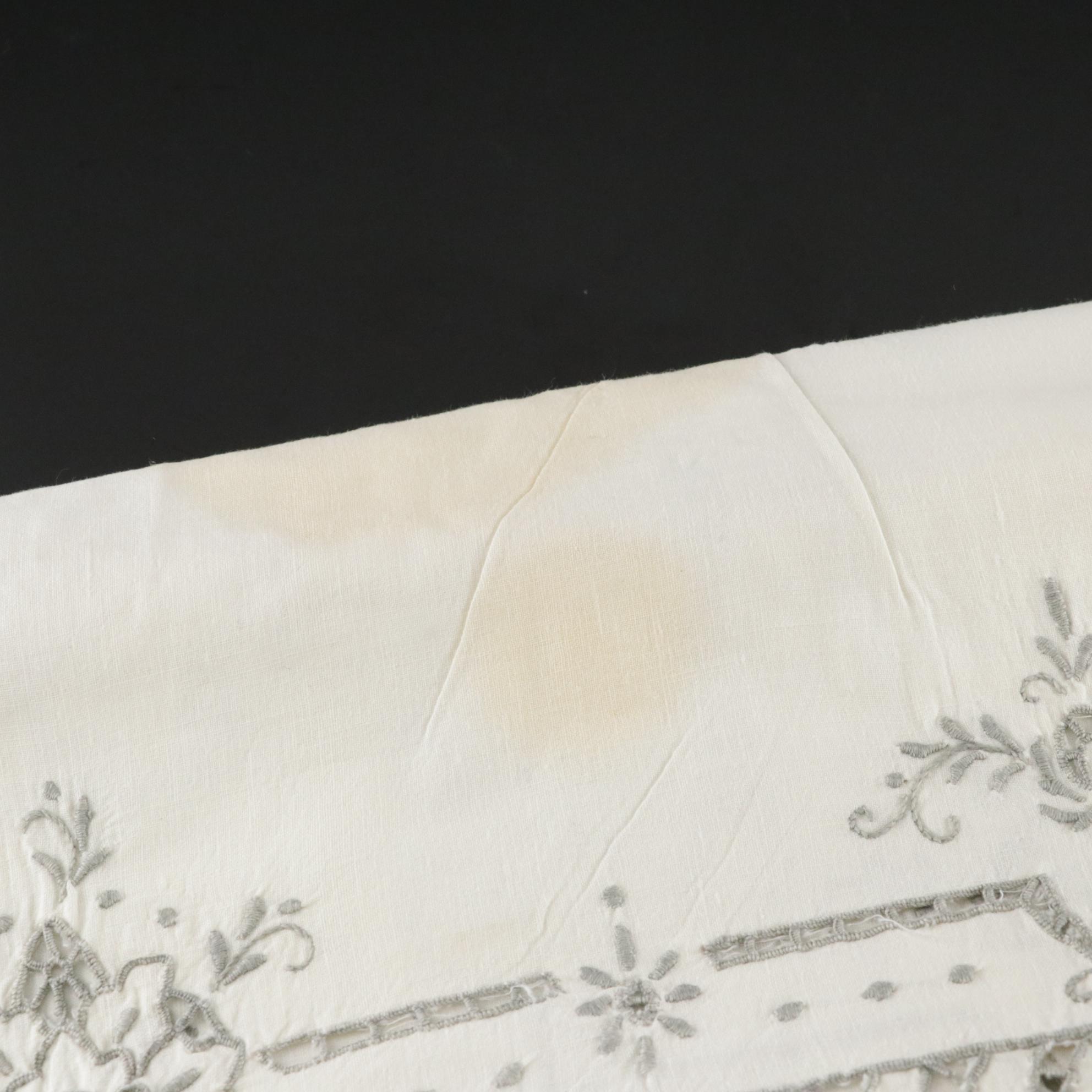 Openwork Machine Embroidered Table Linens In Tan and Sage