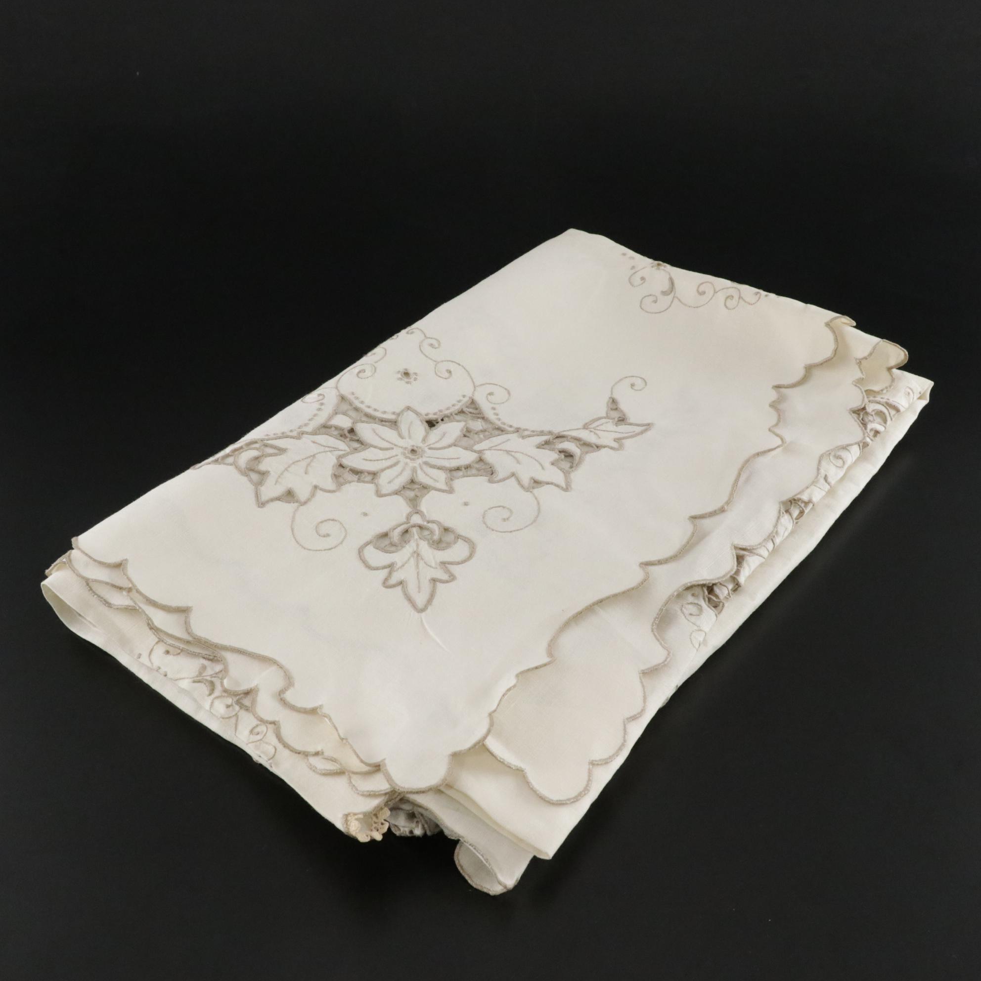 Openwork Machine Embroidered Table Linens In Tan and Sage