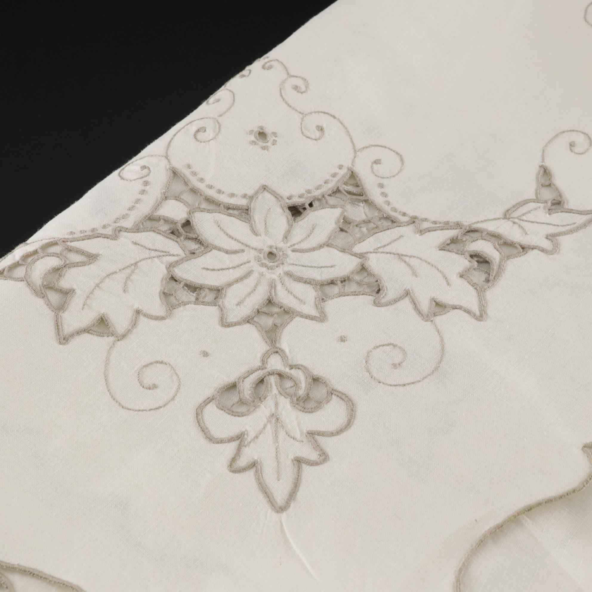 Openwork Machine Embroidered Table Linens In Tan and Sage