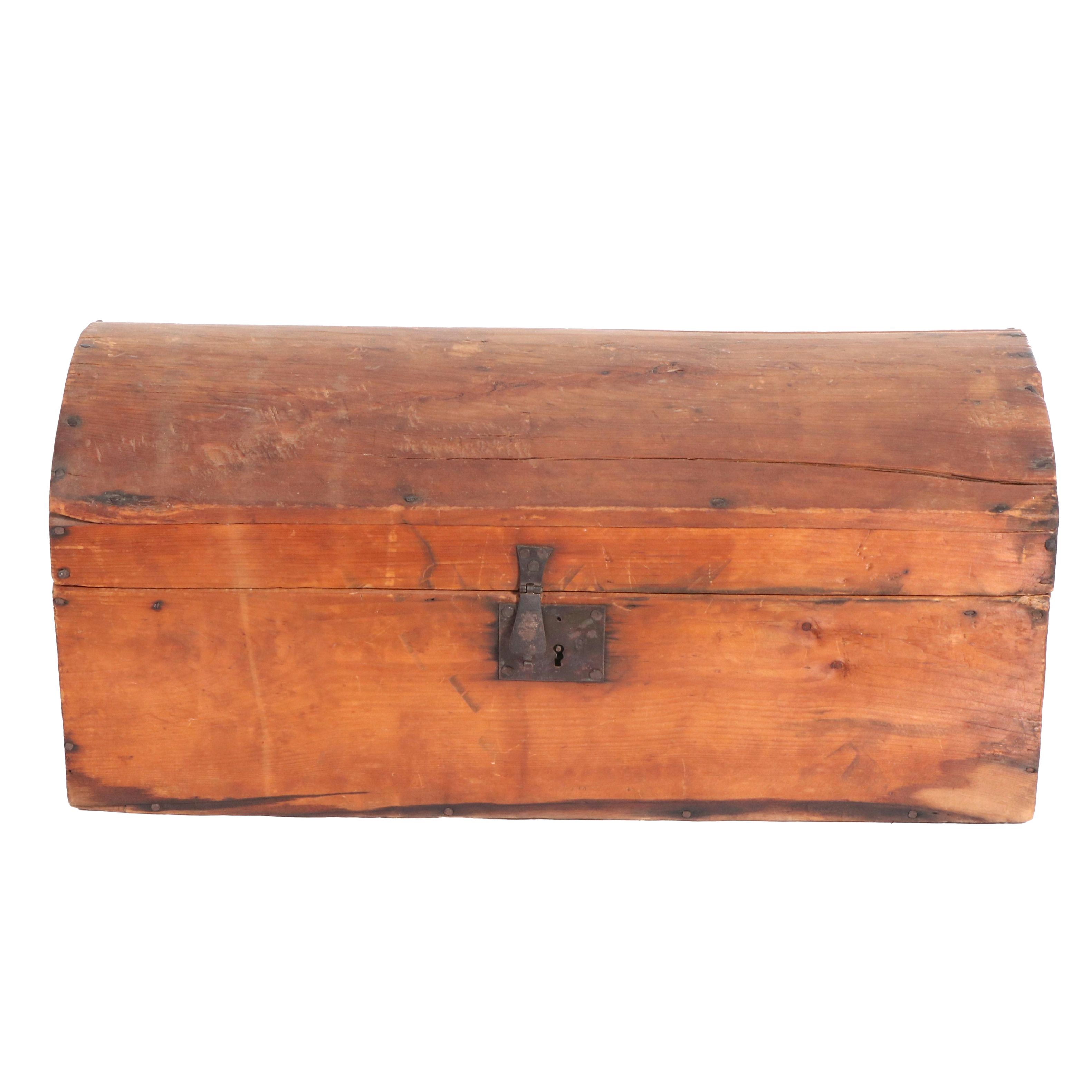 Small American Primitive Iron-Mounted Pine Dome-Top Trunk, Mid-19th Century