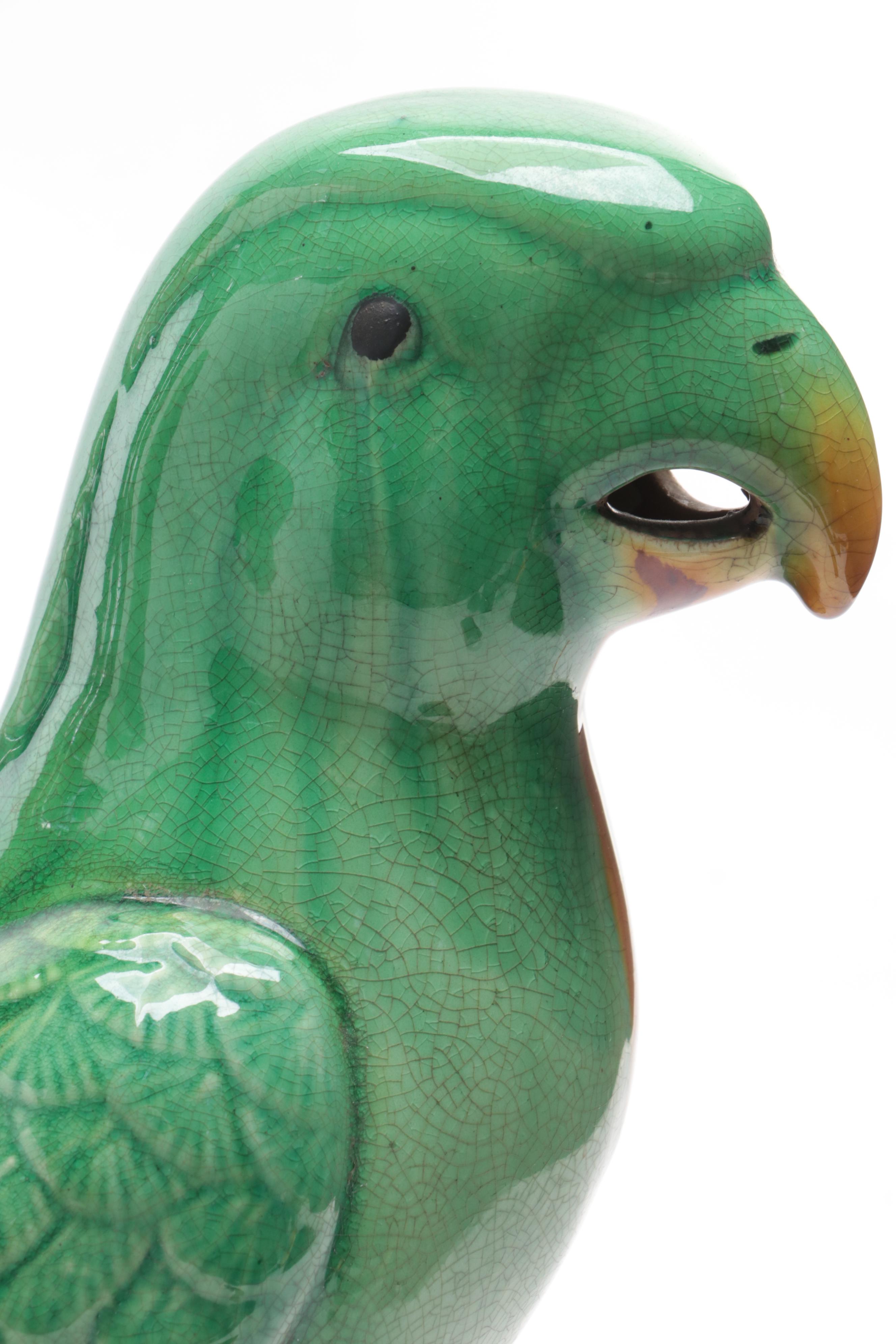 Pair of Chinese Majolica Green Parrot Figurines