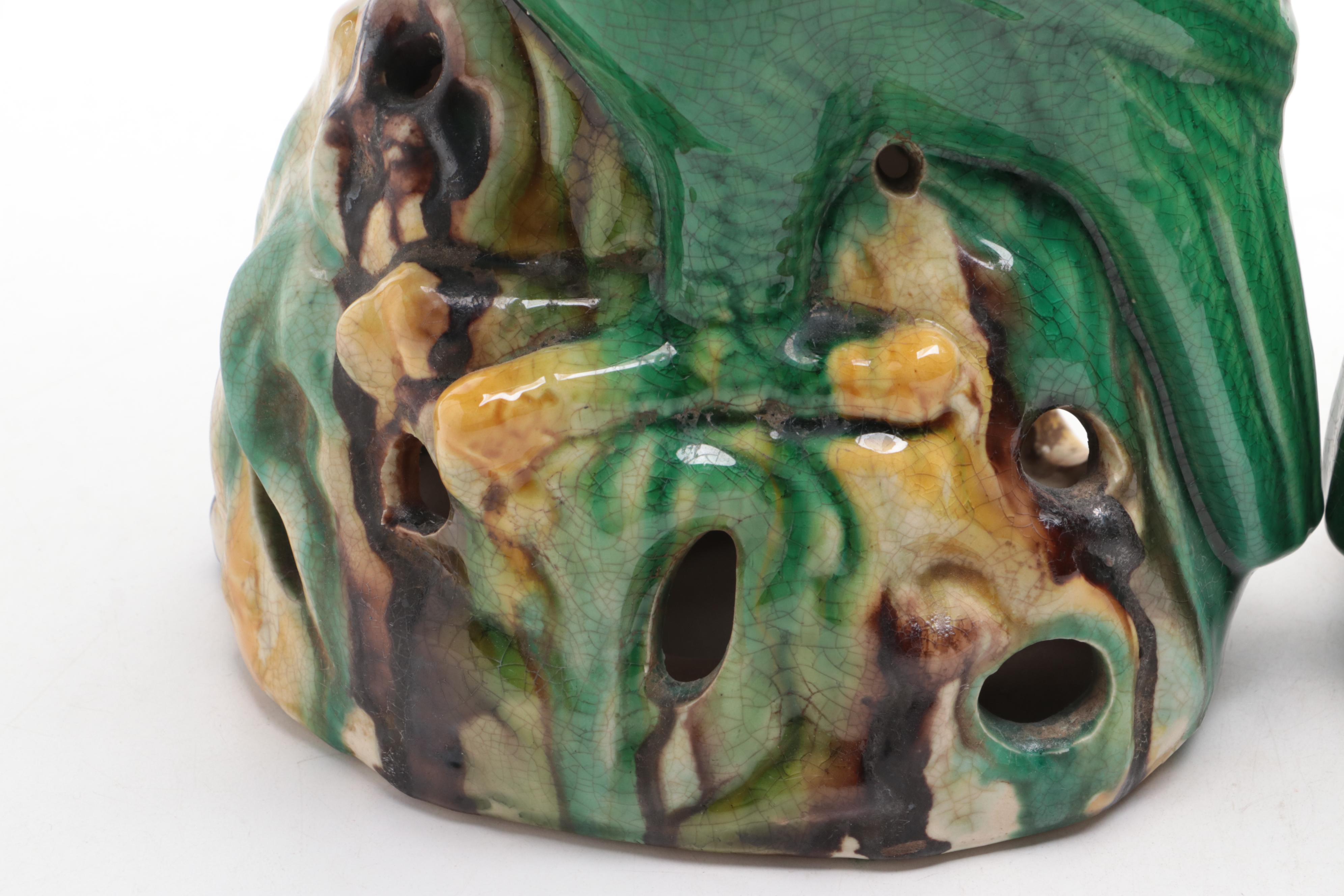 Pair of Chinese Majolica Green Parrot Figurines