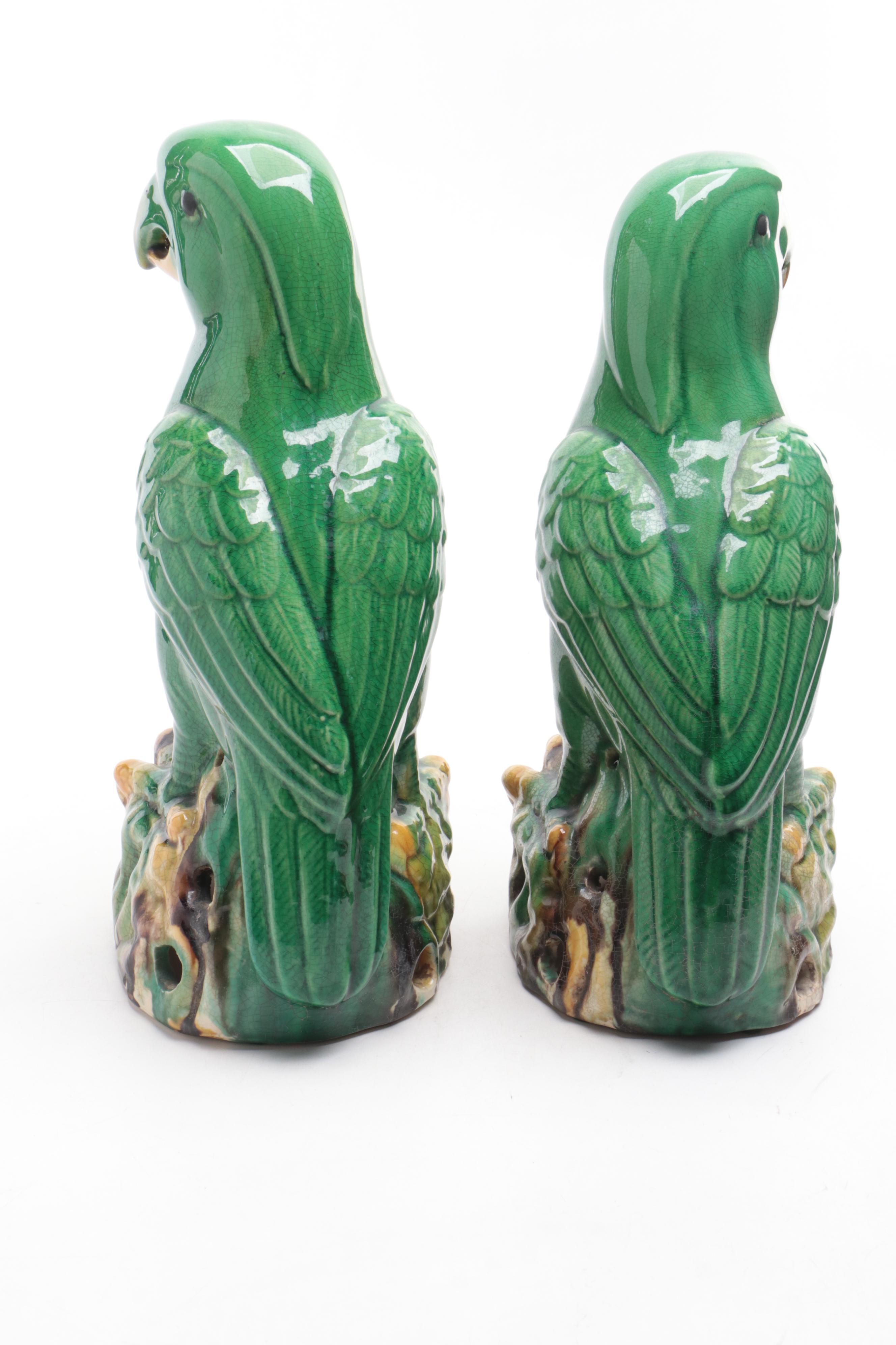 Pair of Chinese Majolica Green Parrot Figurines