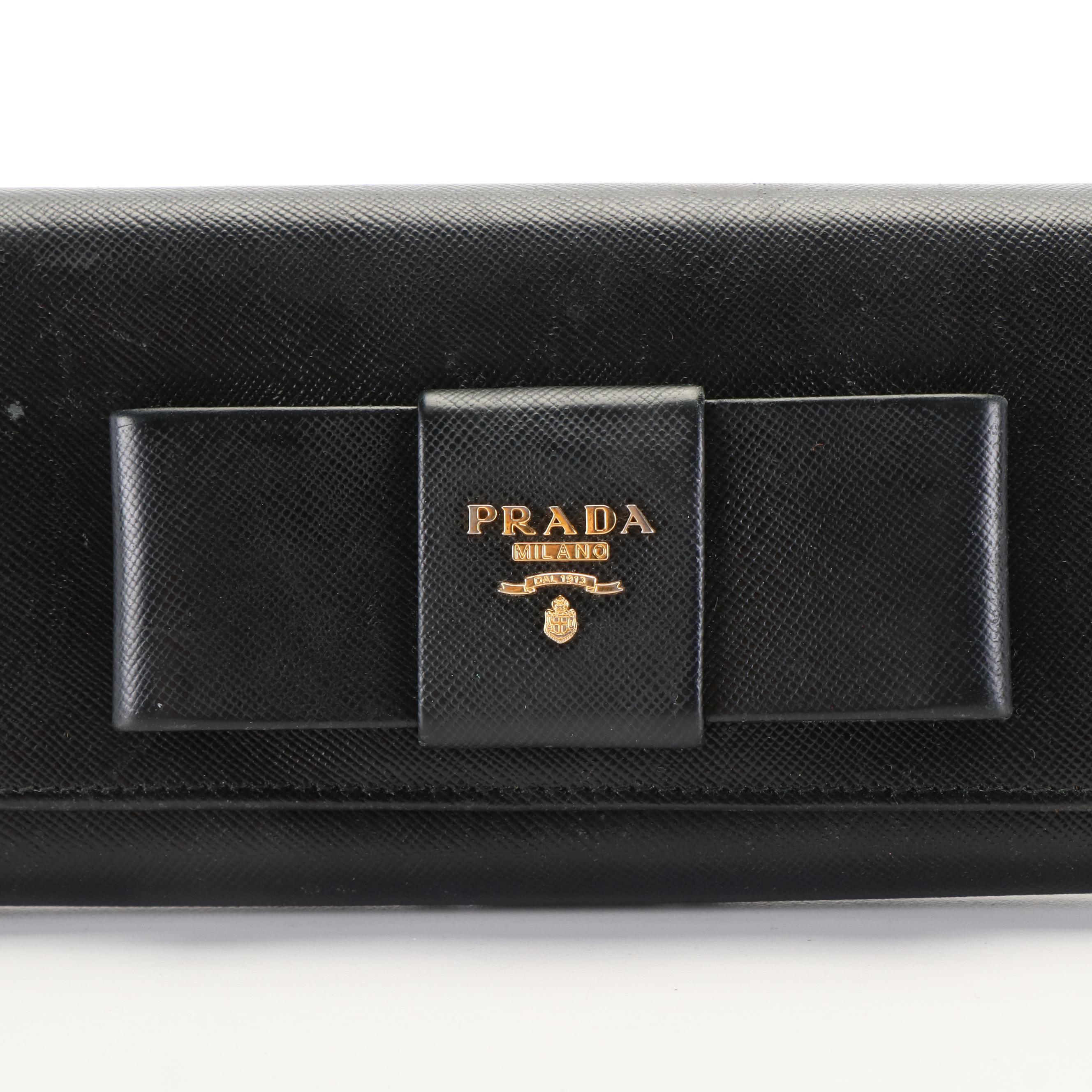 Prada Vara Bow Continental Wallet In Saffiano Black Leather