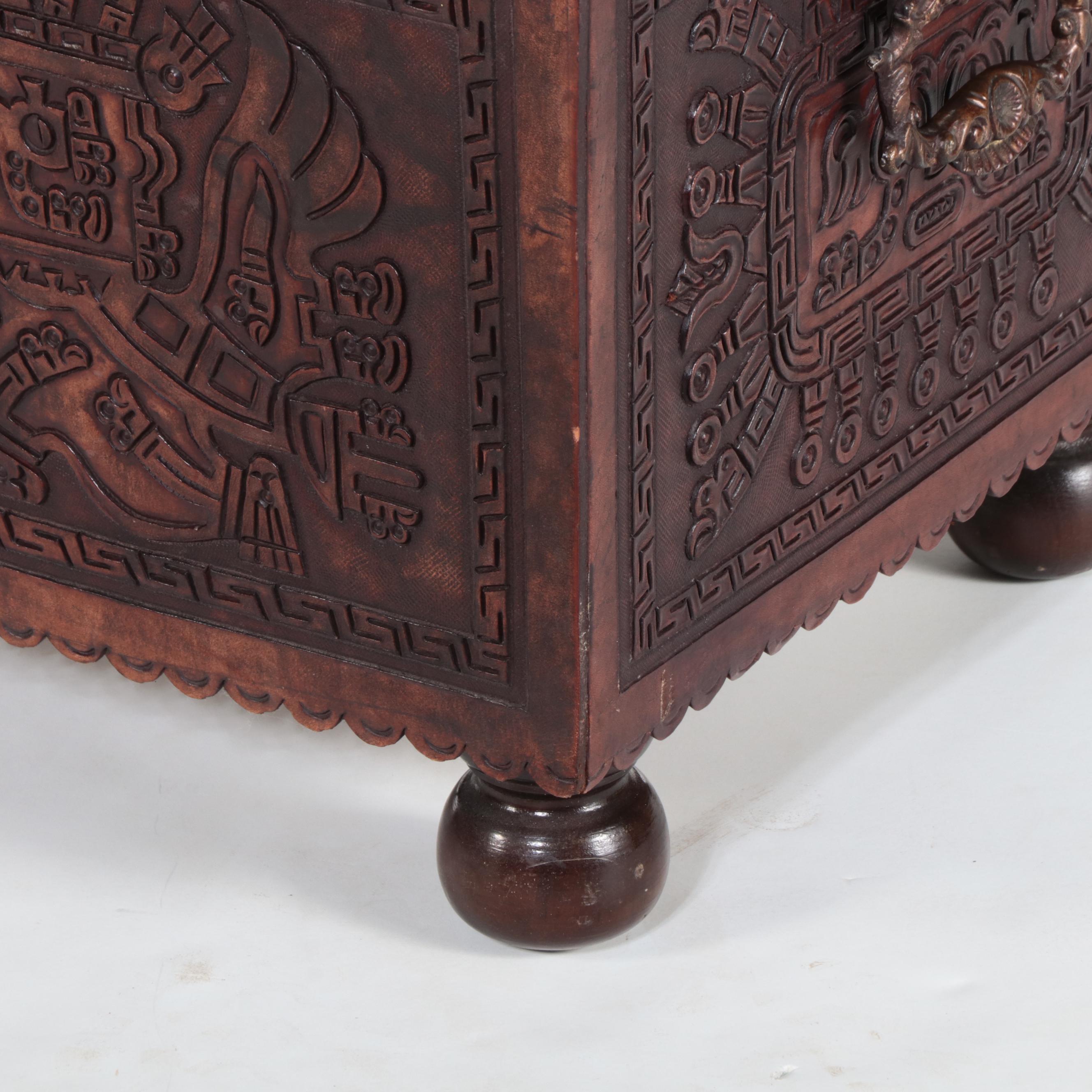 Mayan Motif South American Carved Wood Trunk