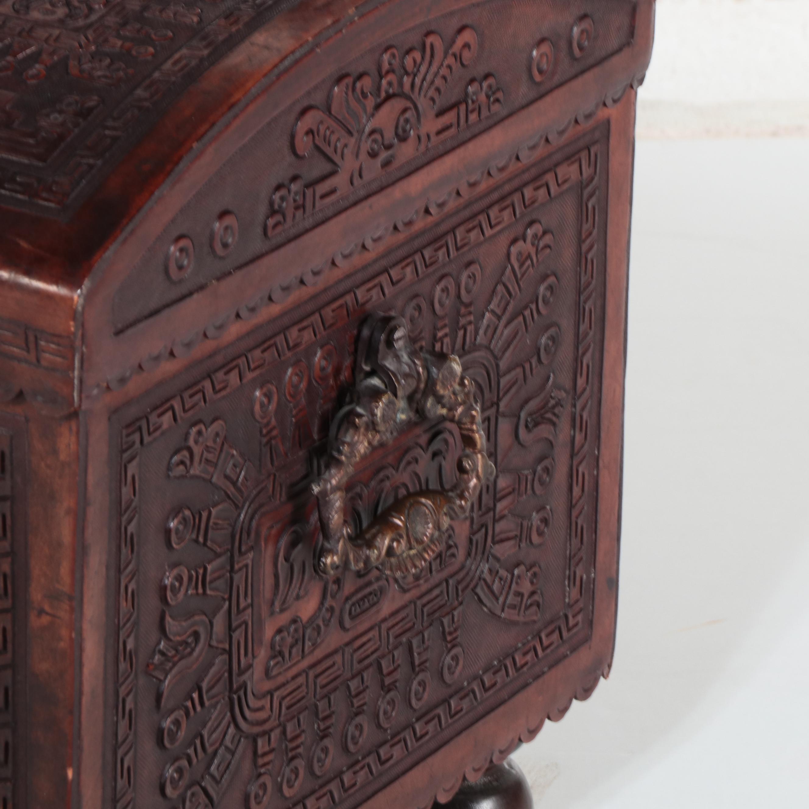 Mayan Motif South American Carved Wood Trunk