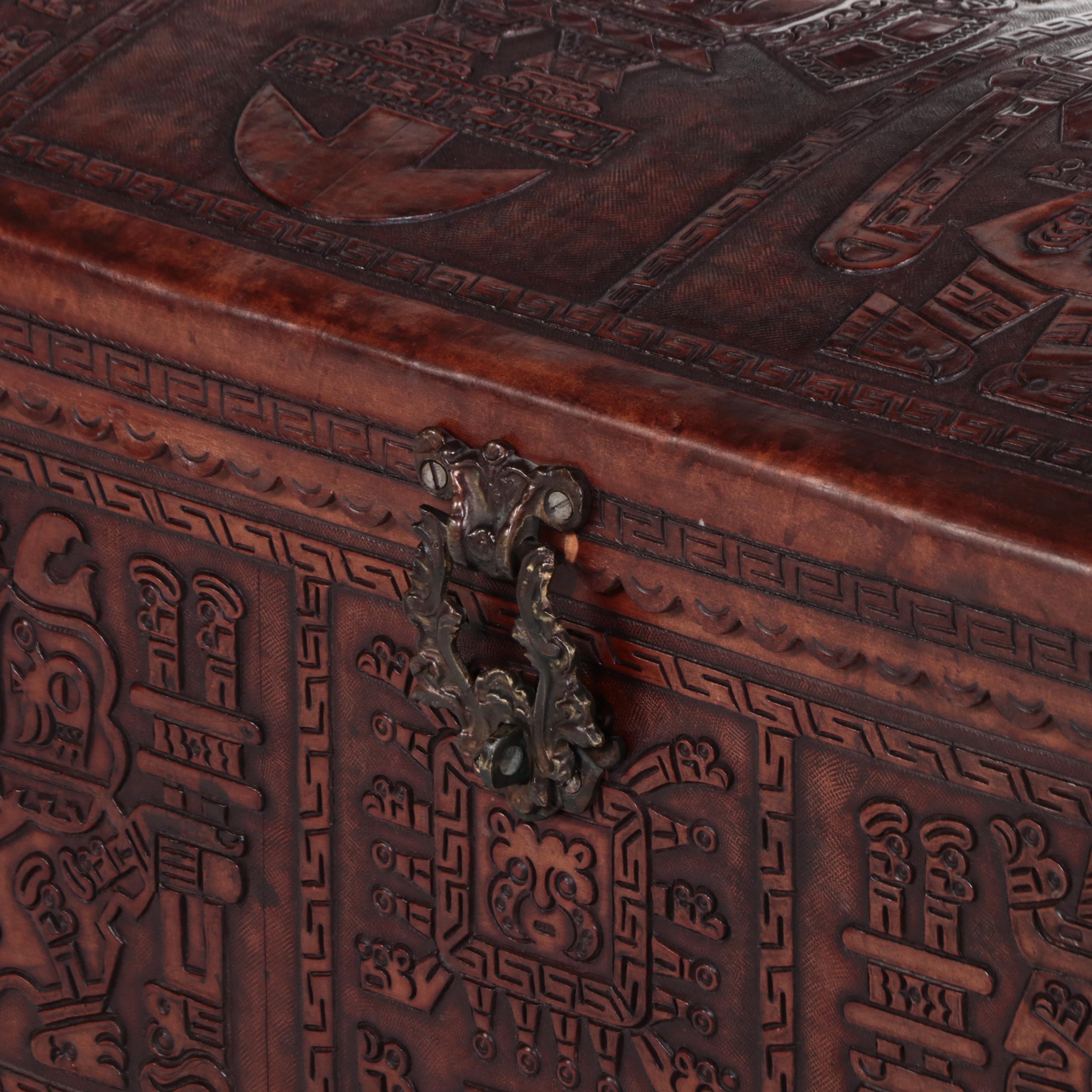 Mayan Motif South American Carved Wood Trunk