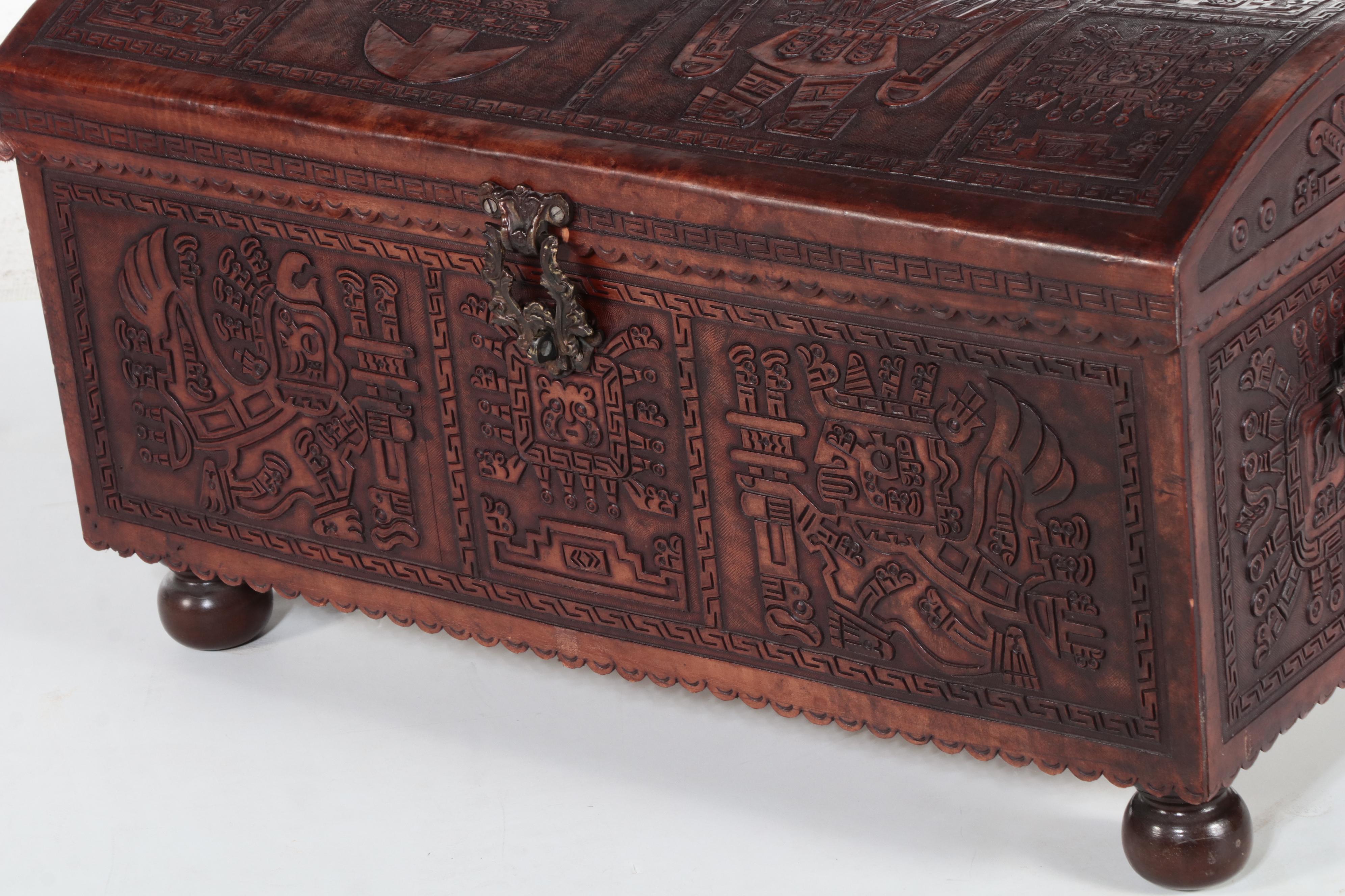 Mayan Motif South American Carved Wood Trunk