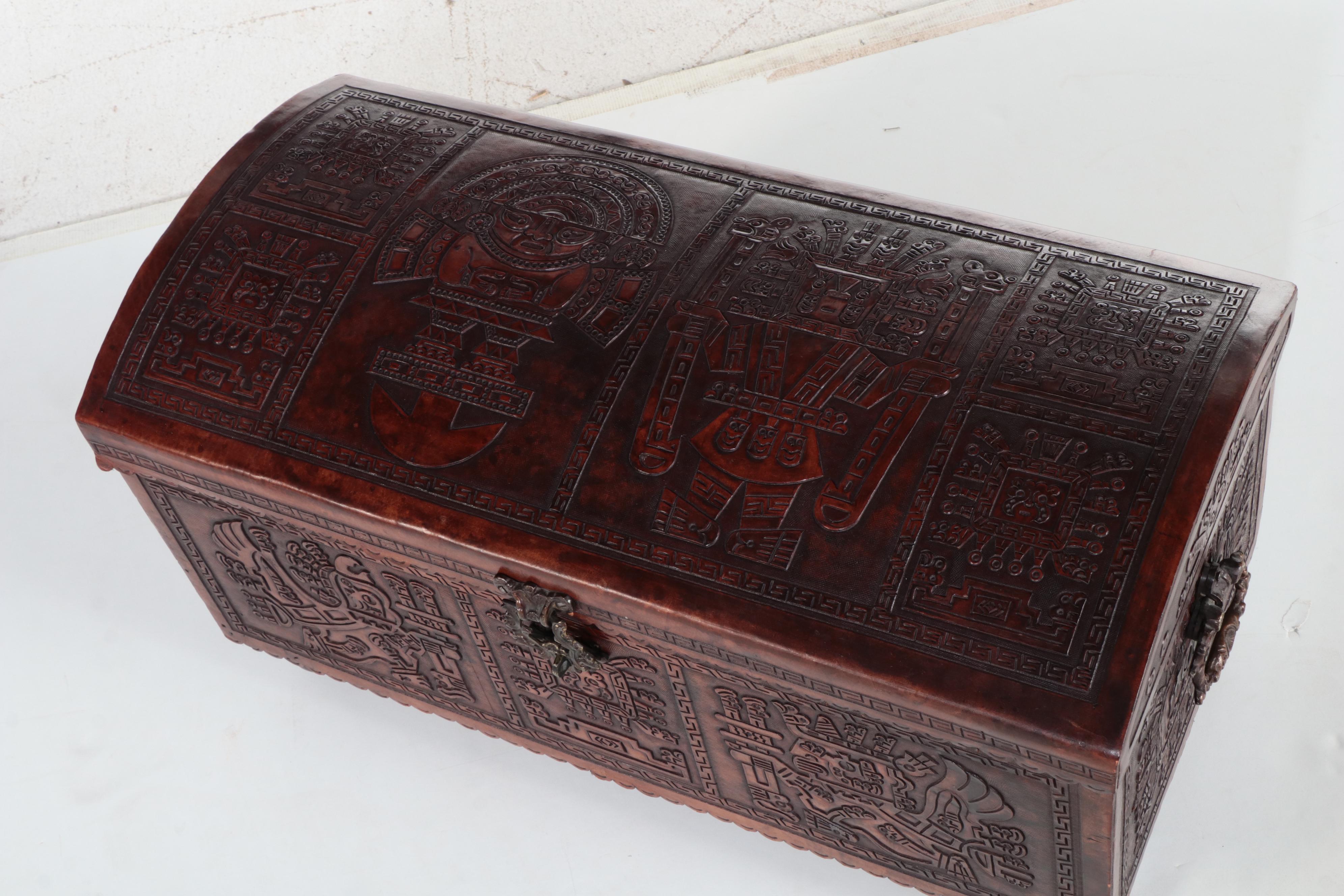 Mayan Motif South American Carved Wood Trunk