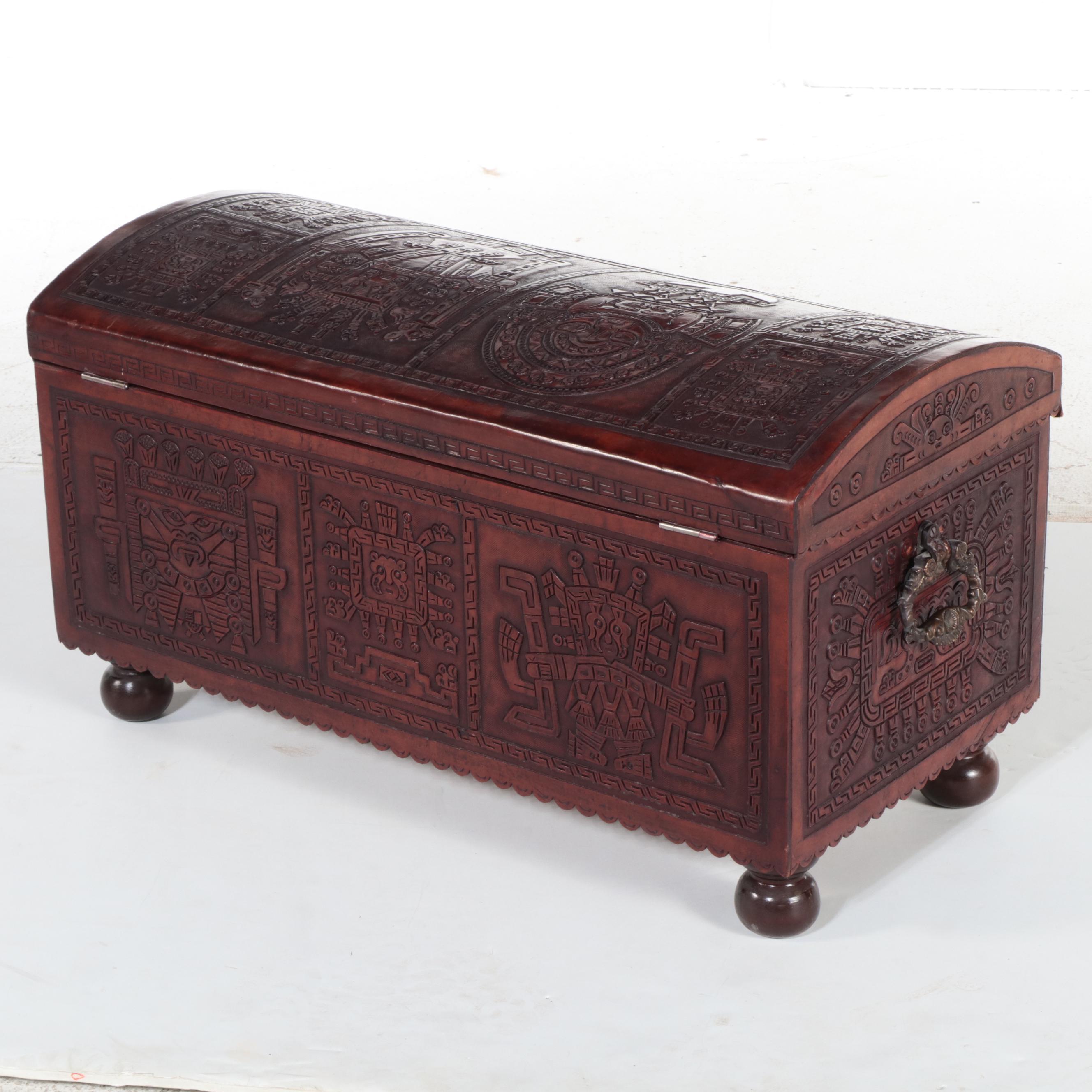 Mayan Motif South American Carved Wood Trunk