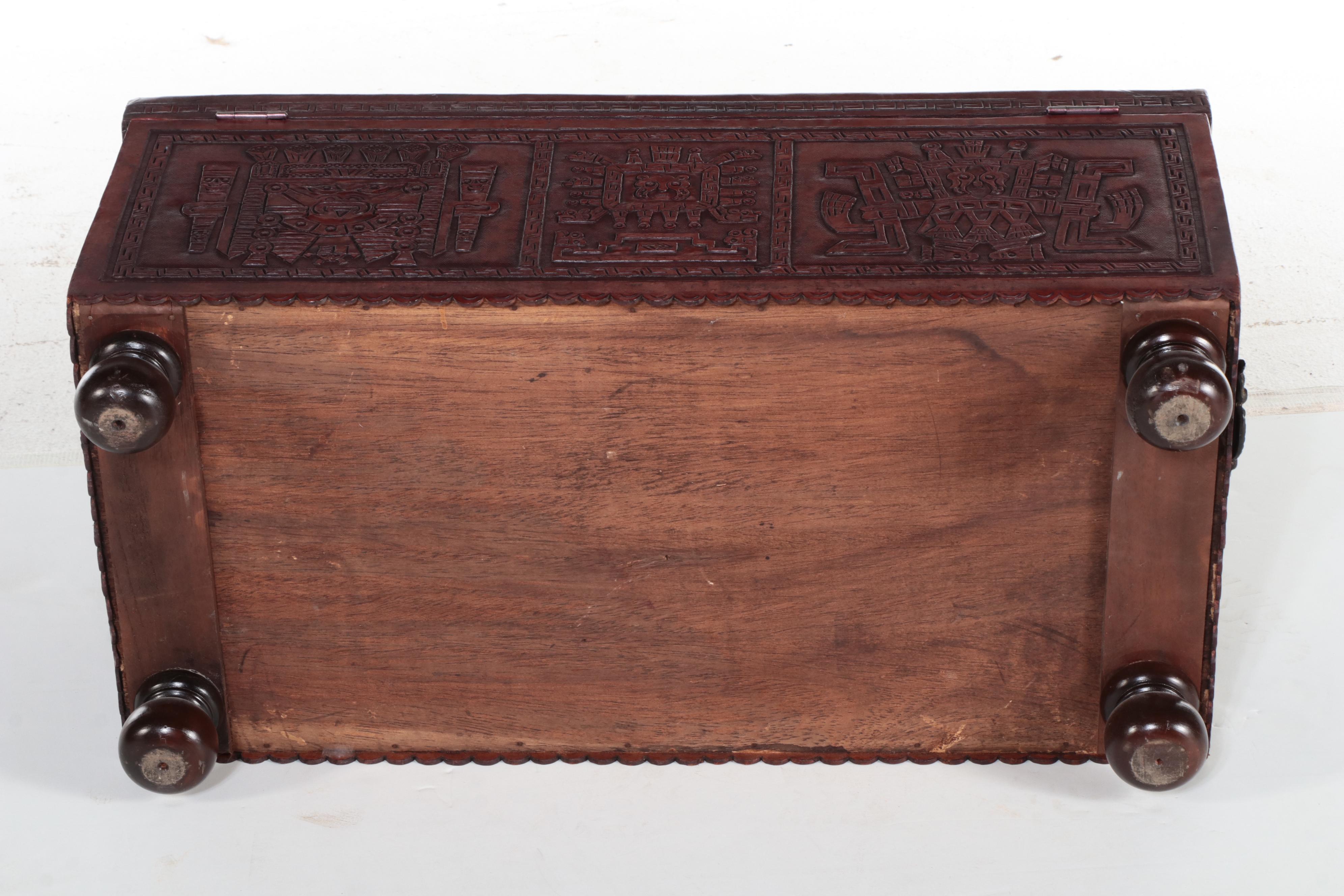 Mayan Motif South American Carved Wood Trunk