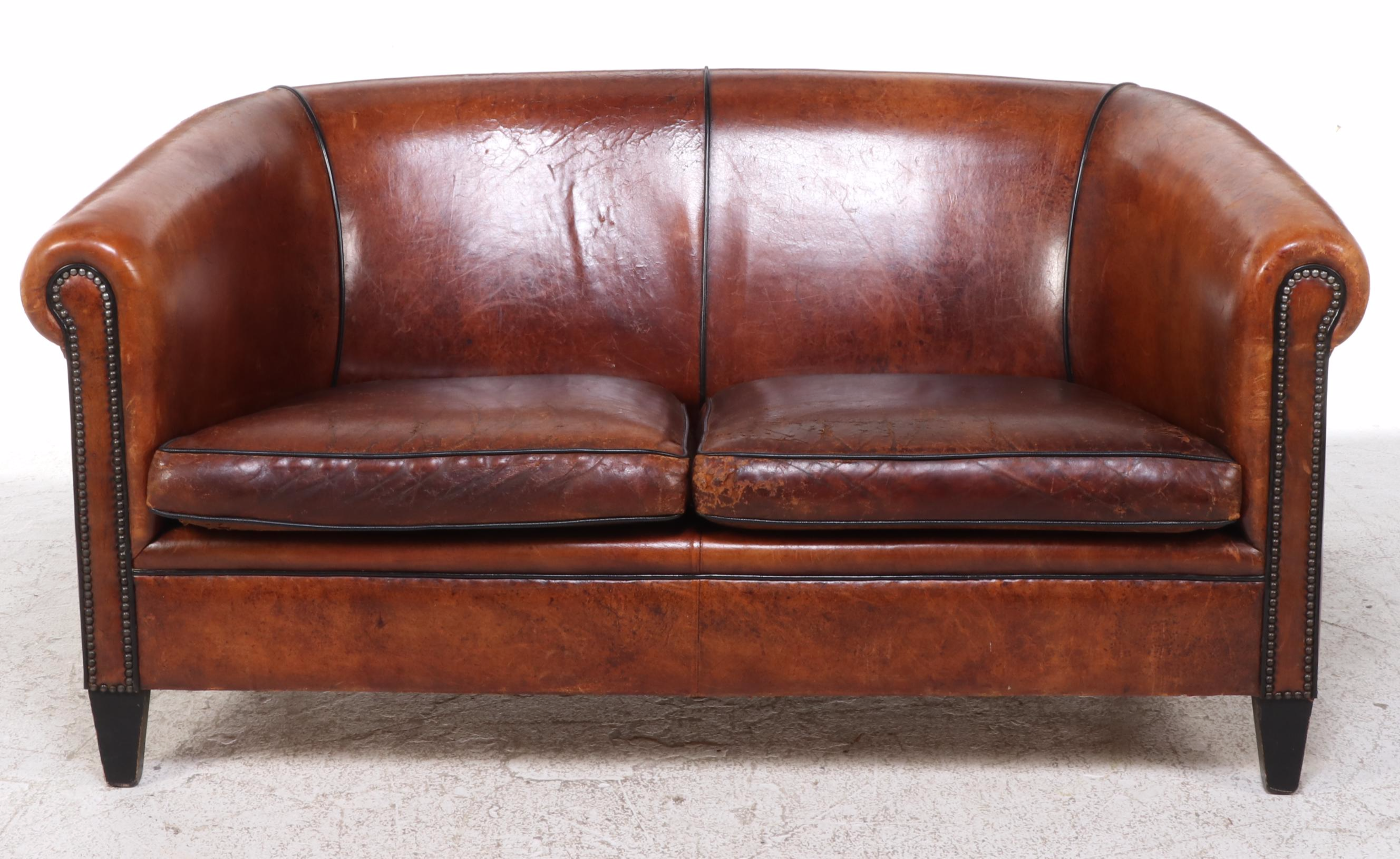 Dutch Art Deco Style Leather Love Seat, Late 20th Century
