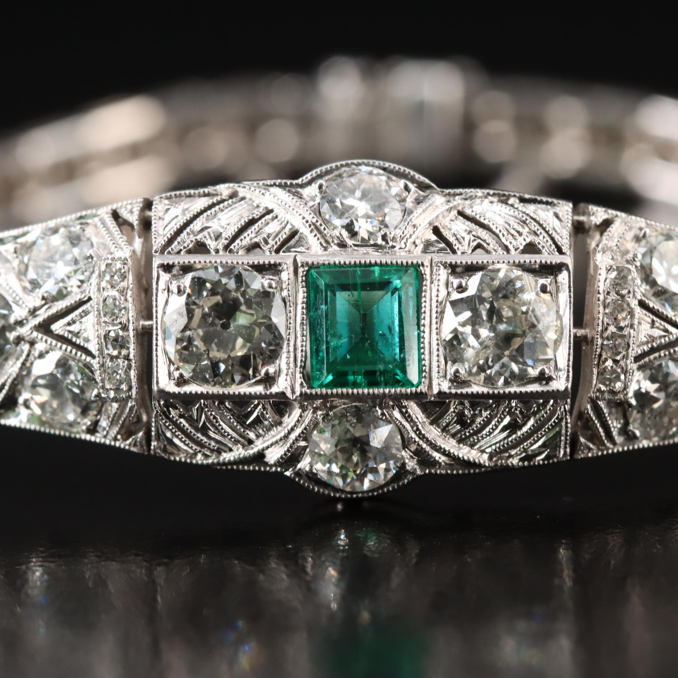 Art Deco Platinum Emerald and 3.73 CTW Diamond Bracelet