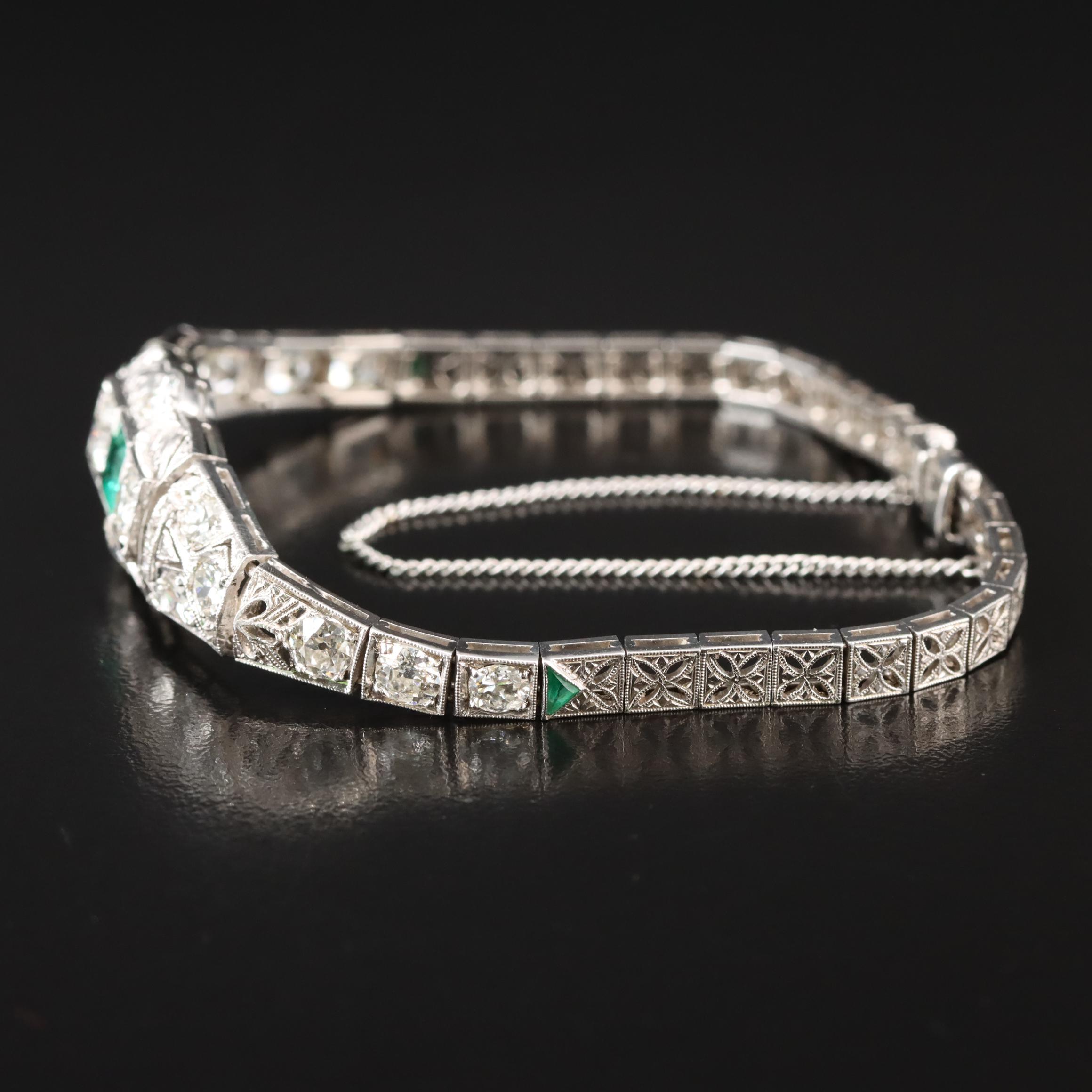Art Deco Platinum Emerald and 3.73 CTW Diamond Bracelet
