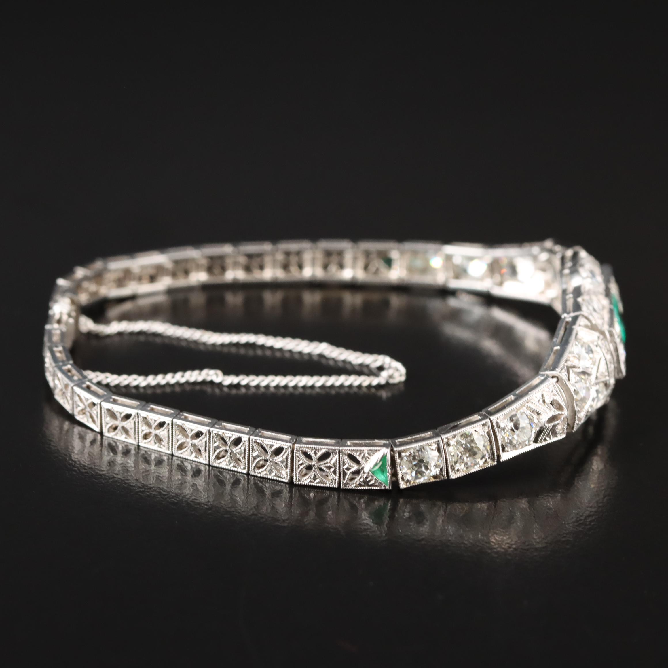 Art Deco Platinum Emerald and 3.73 CTW Diamond Bracelet