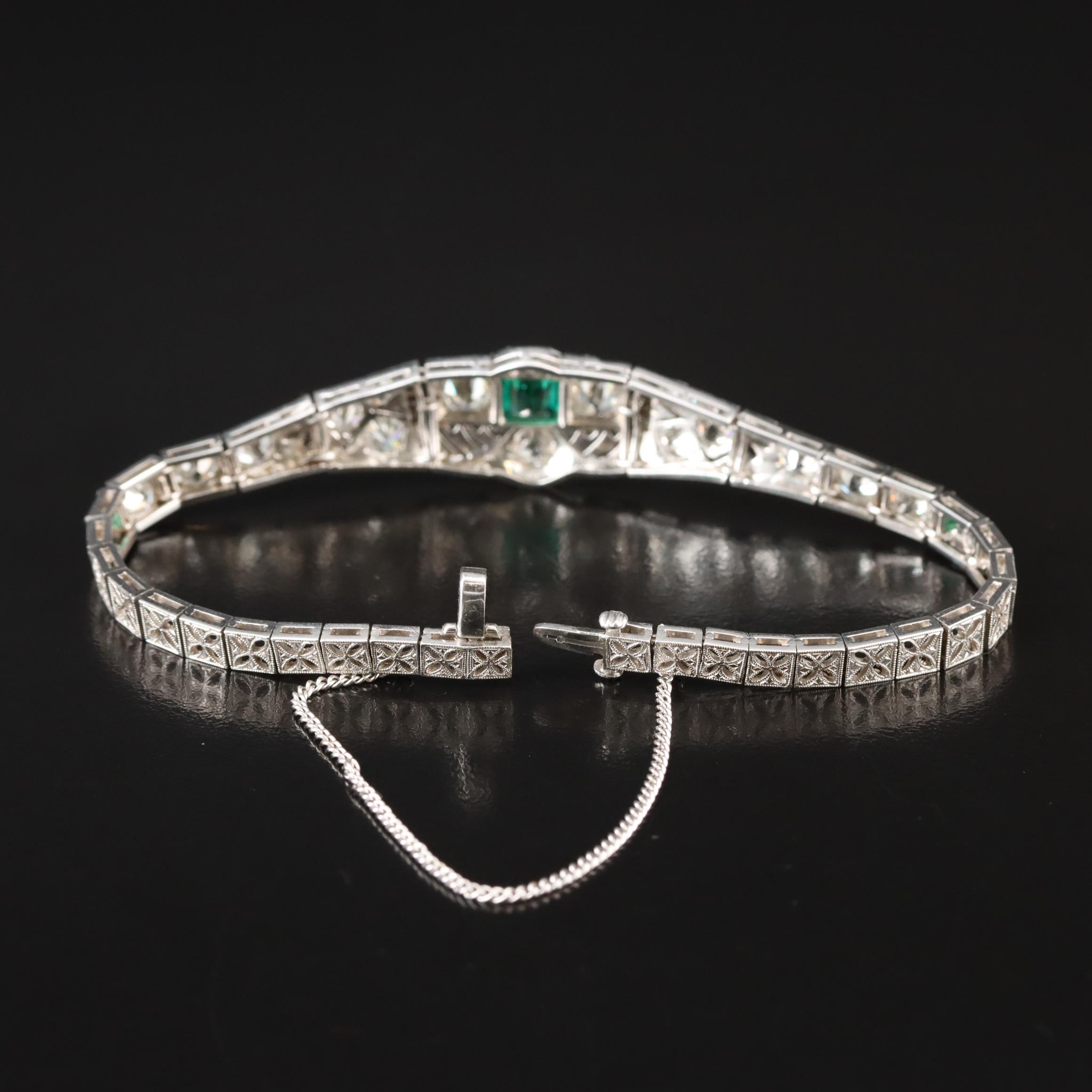 Art Deco Platinum Emerald and 3.73 CTW Diamond Bracelet