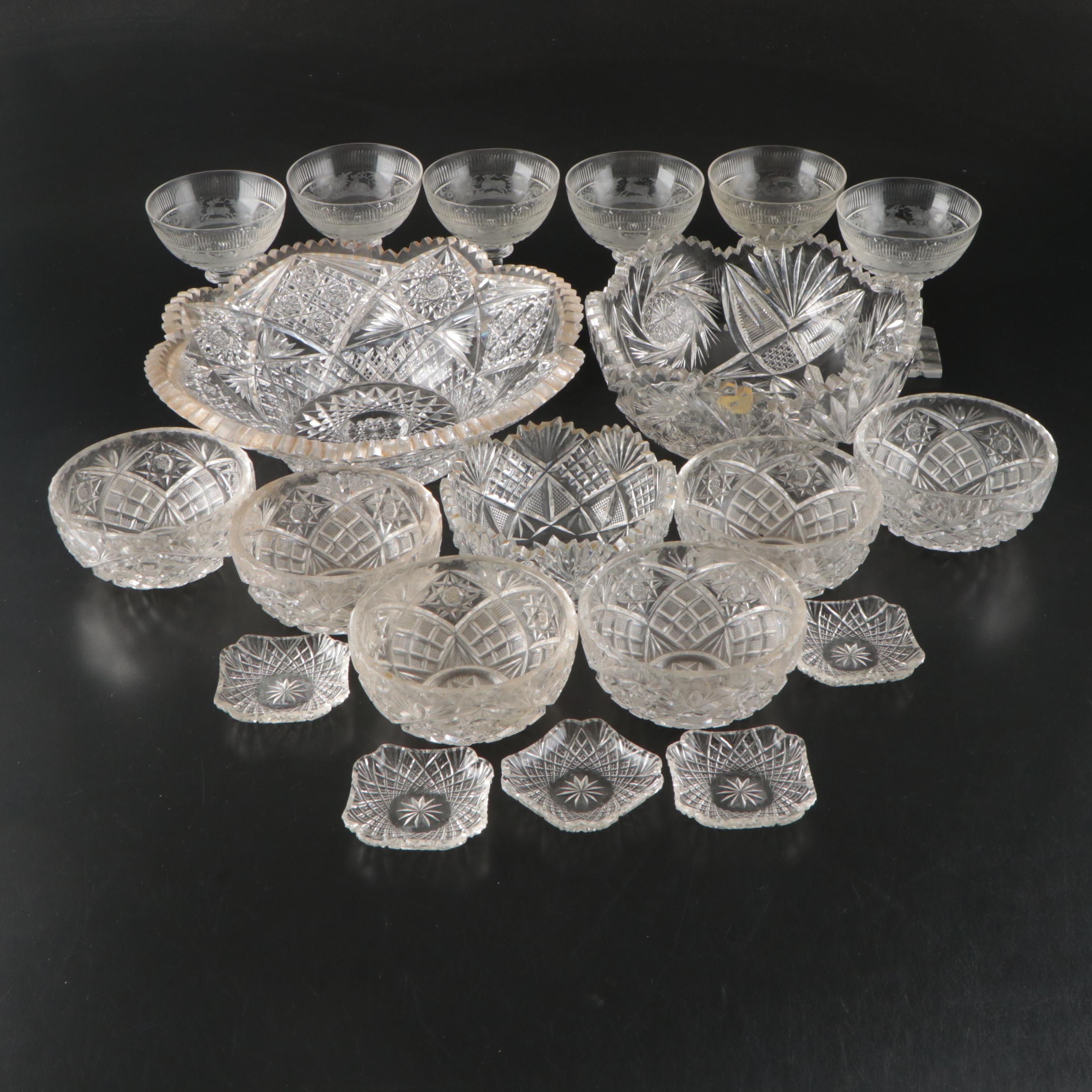 American Brilliant Style Cut Glass Bowls and Etched Glass Coupes
