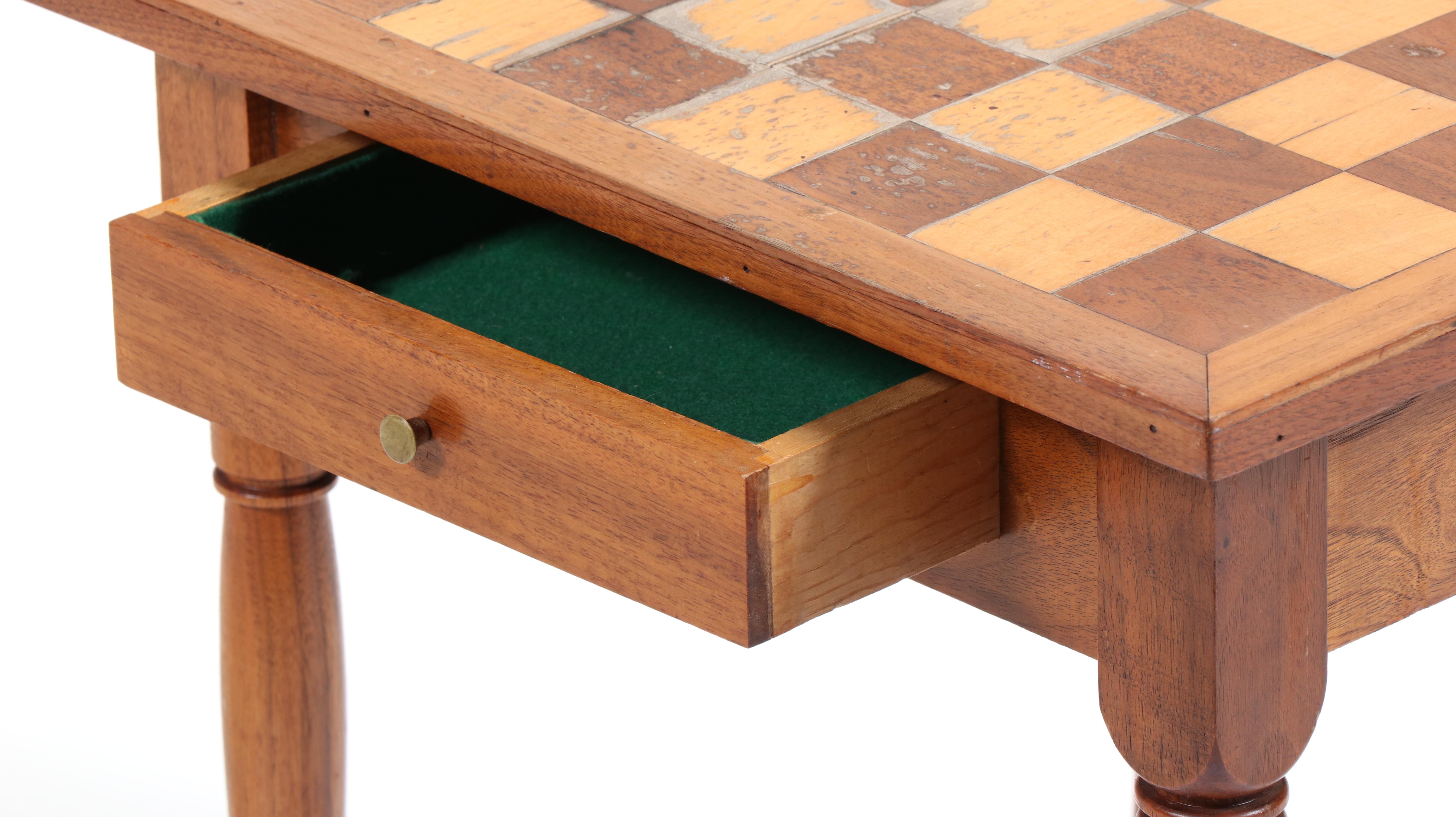 American Primitive Walnut and Maple Games Table, signed "Bruce McCarty", 1970