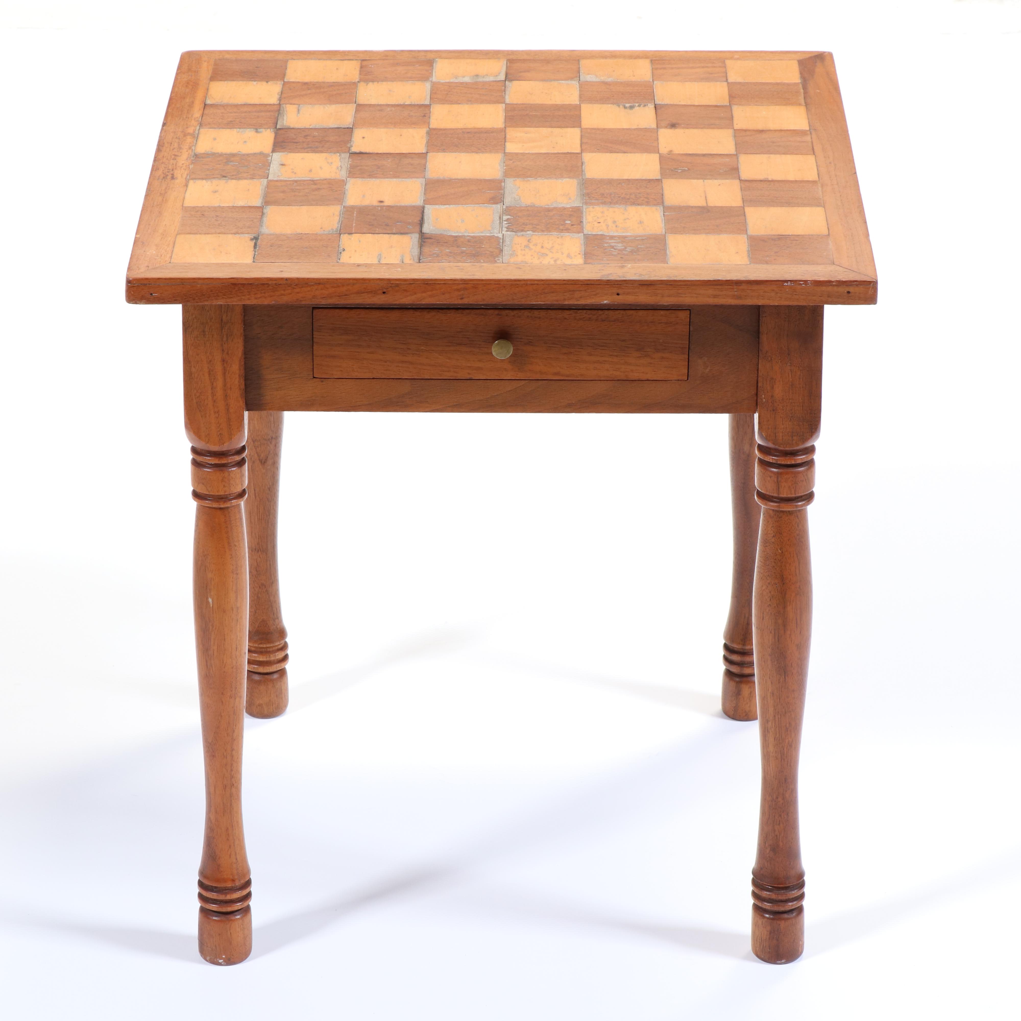 American Primitive Walnut and Maple Games Table, signed "Bruce McCarty", 1970