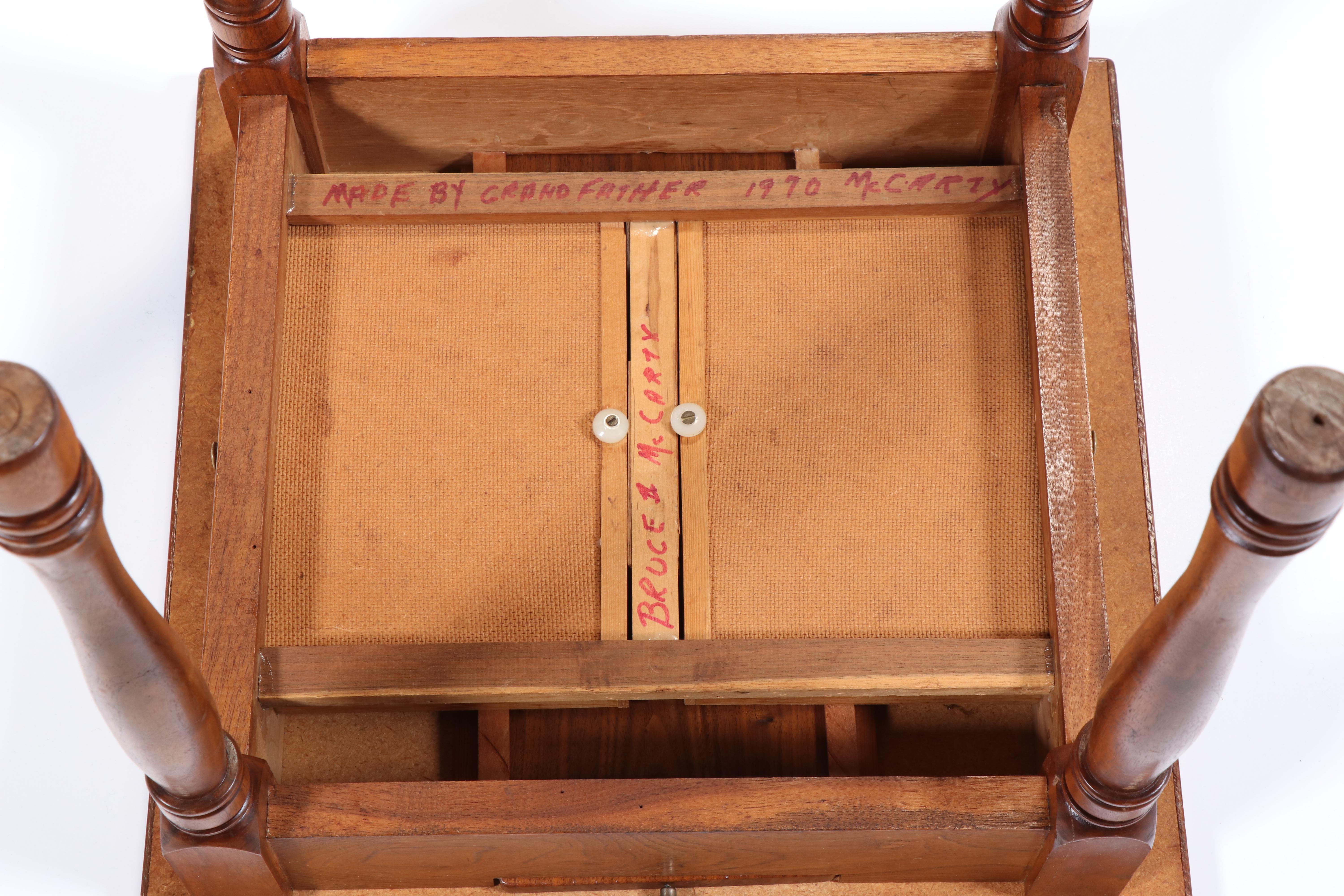 American Primitive Walnut and Maple Games Table, signed "Bruce McCarty", 1970