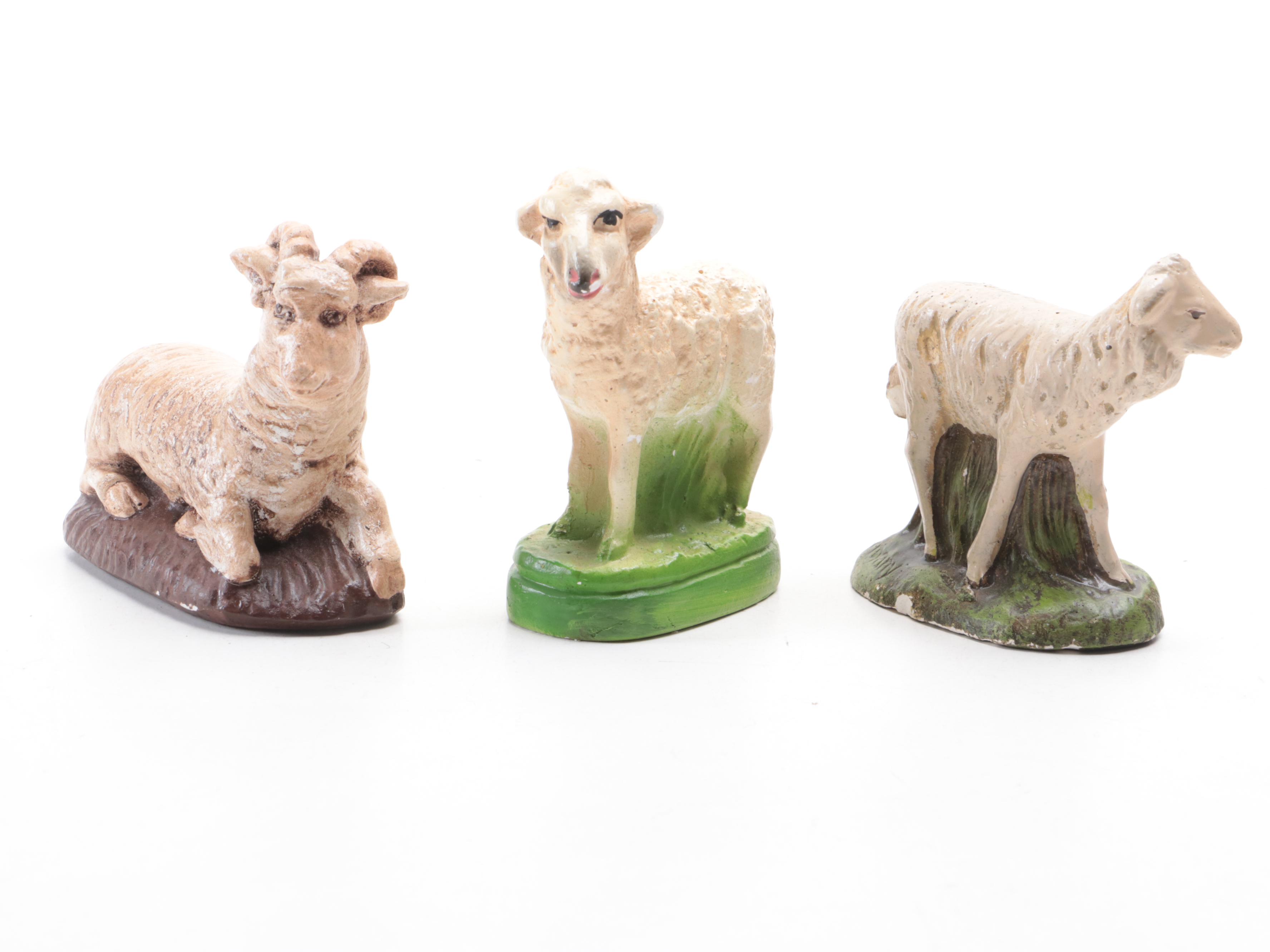 German and Other Chalkware Sheep and Shepherd Figurines, Mid-20th Century