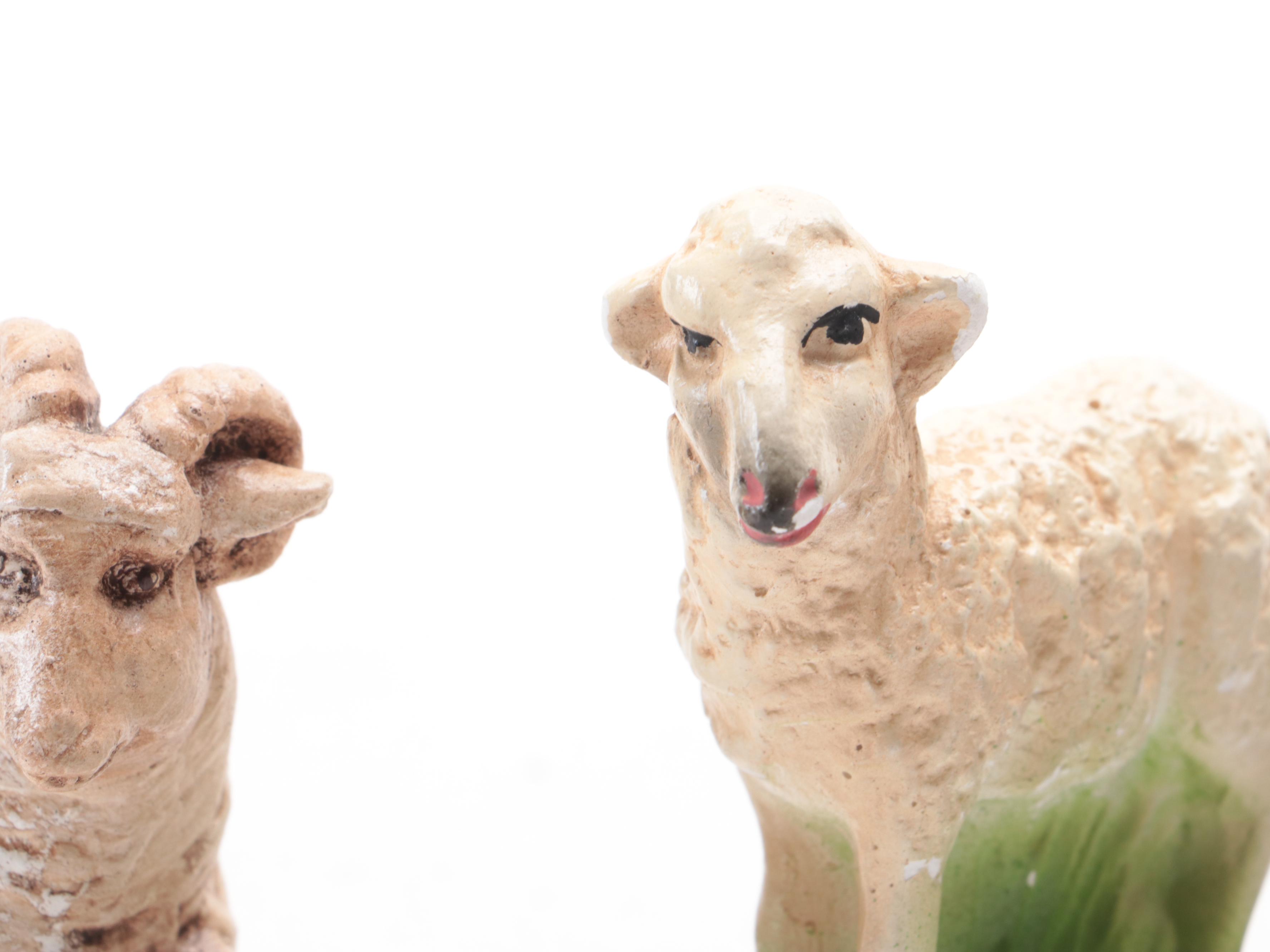 German and Other Chalkware Sheep and Shepherd Figurines, Mid-20th Century