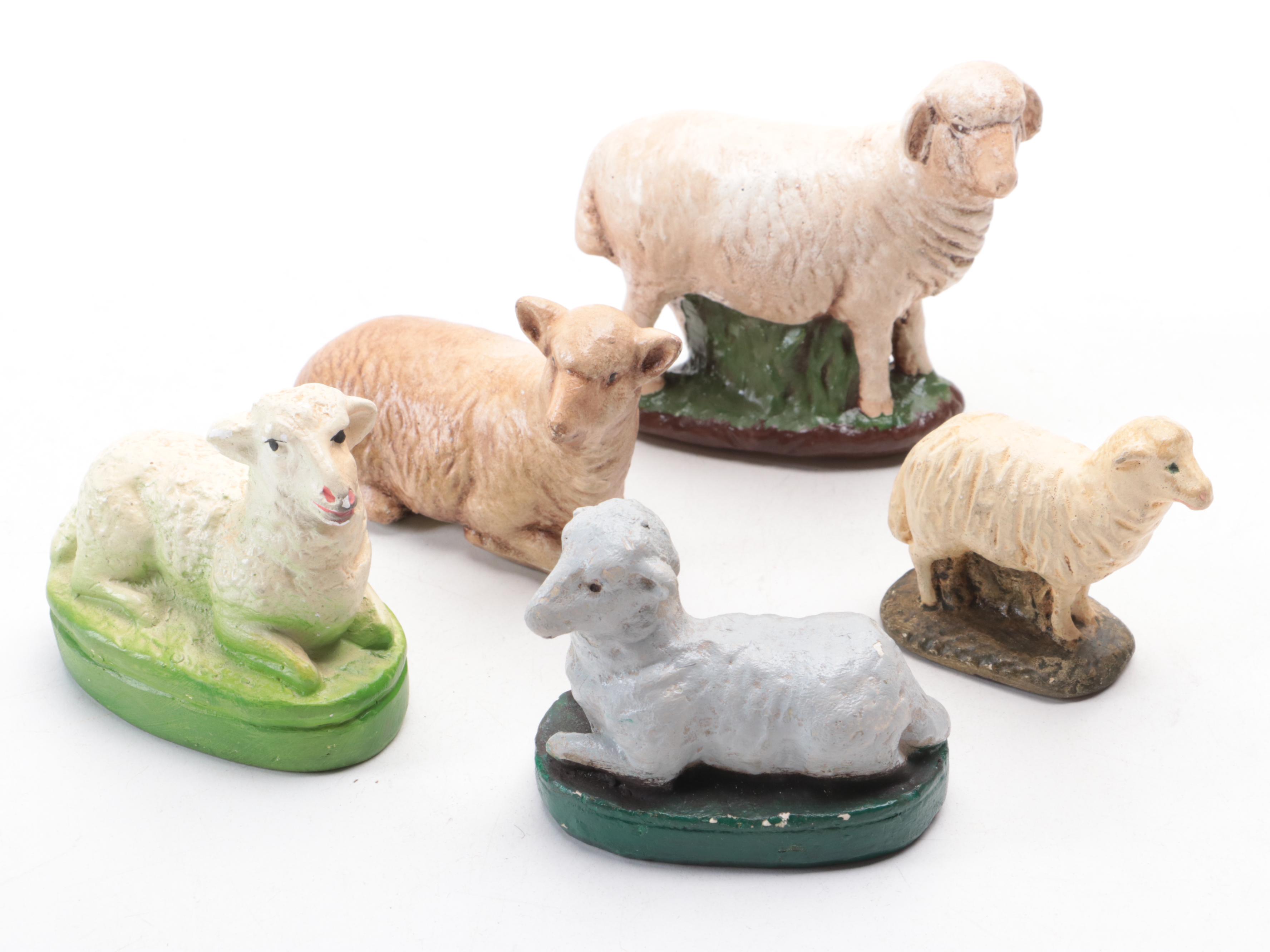 German and Other Chalkware Sheep and Shepherd Figurines, Mid-20th Century