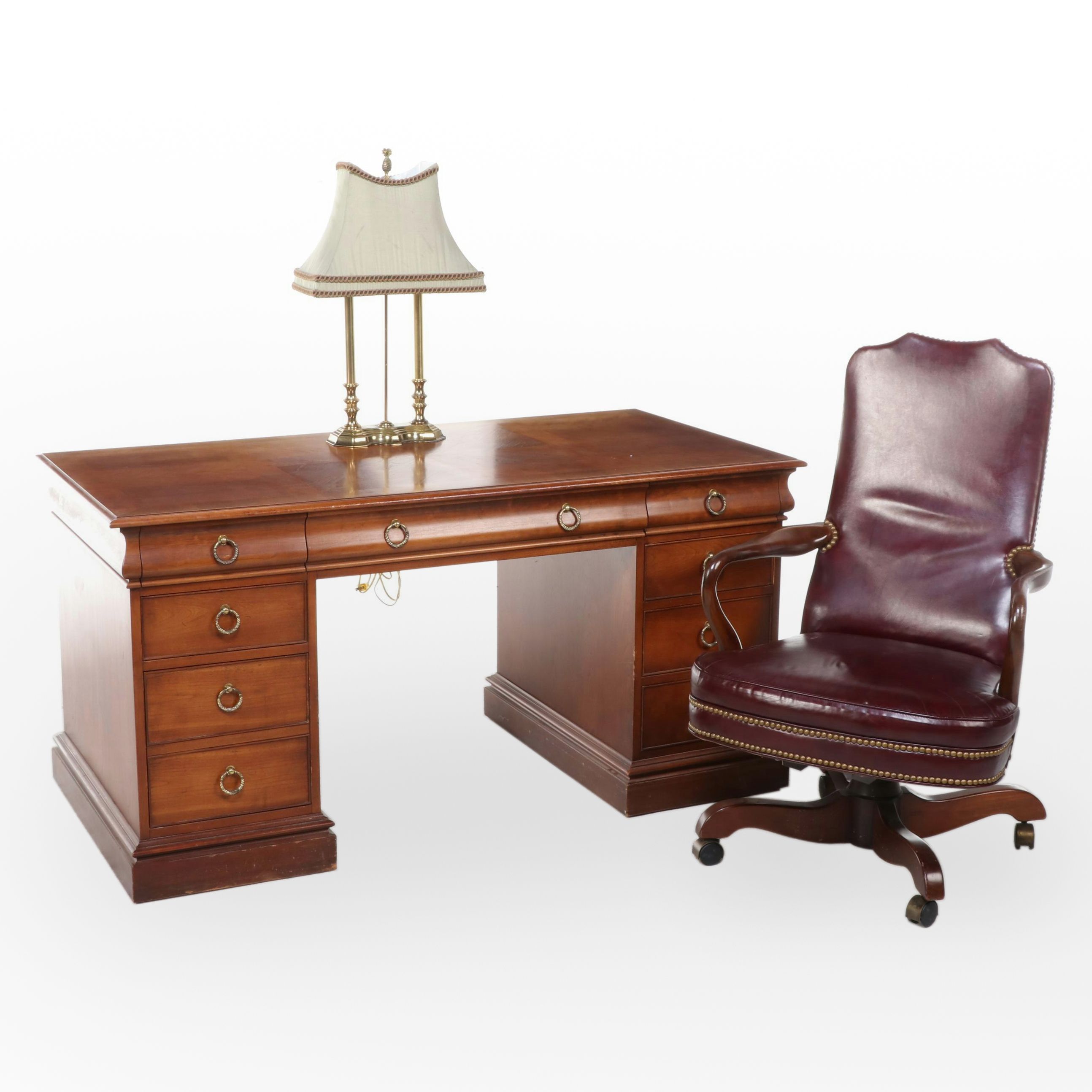 Georgian Style Desk with Leather Office Chair and Brass Lamp