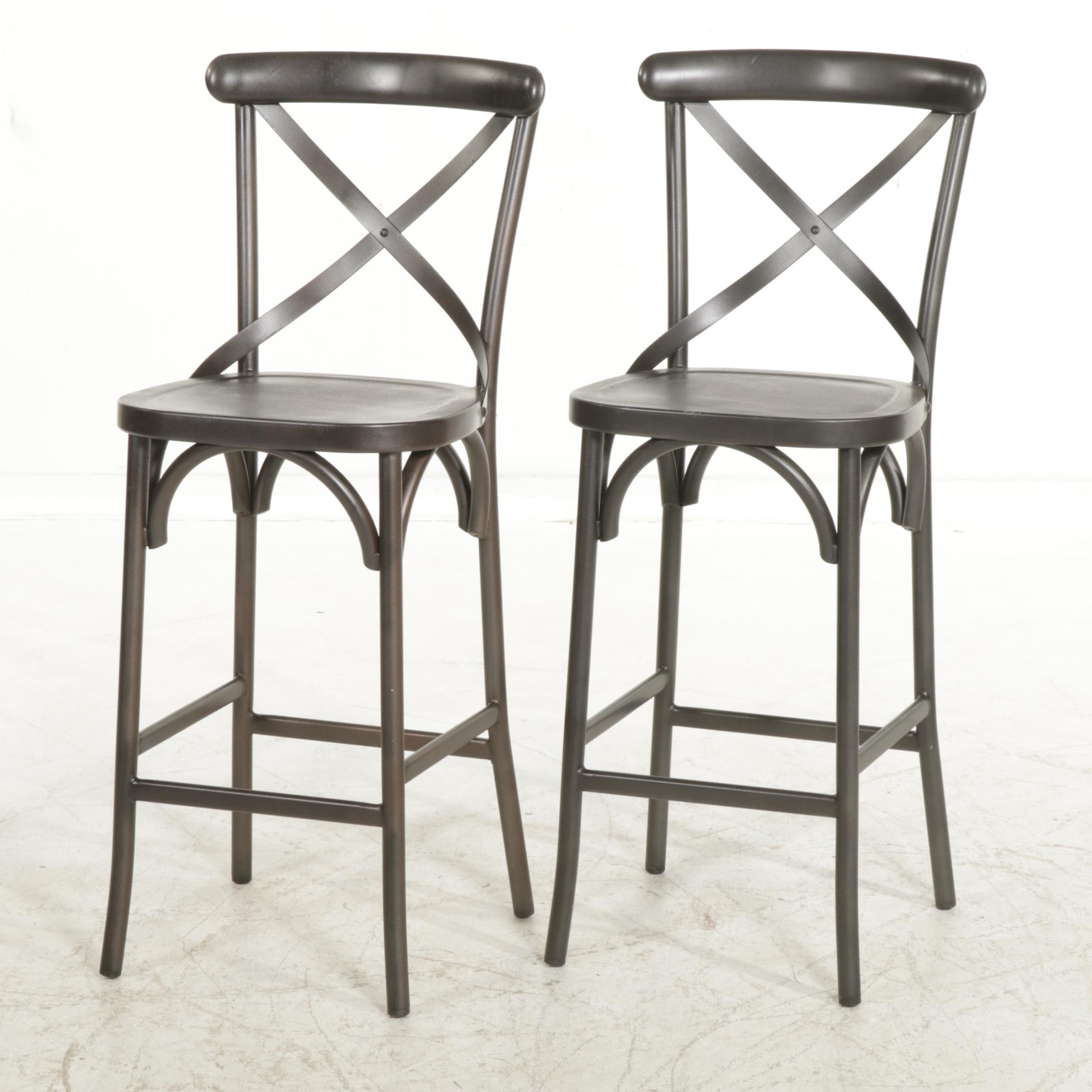 Pair of Pottery Barn French Bistro Style Tubular Steel X-Back Barstools