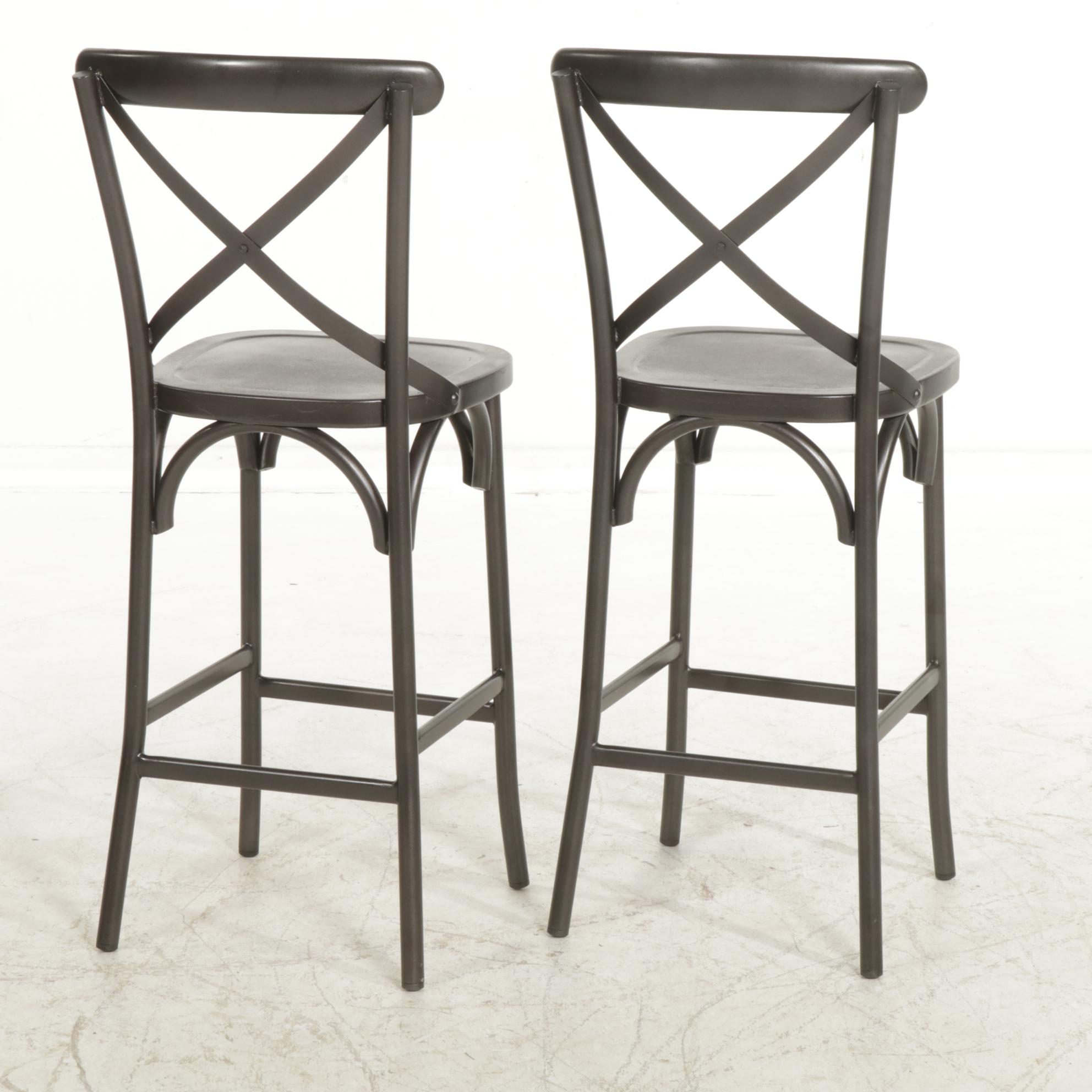 Pair of Pottery Barn French Bistro Style Tubular Steel X-Back Barstools