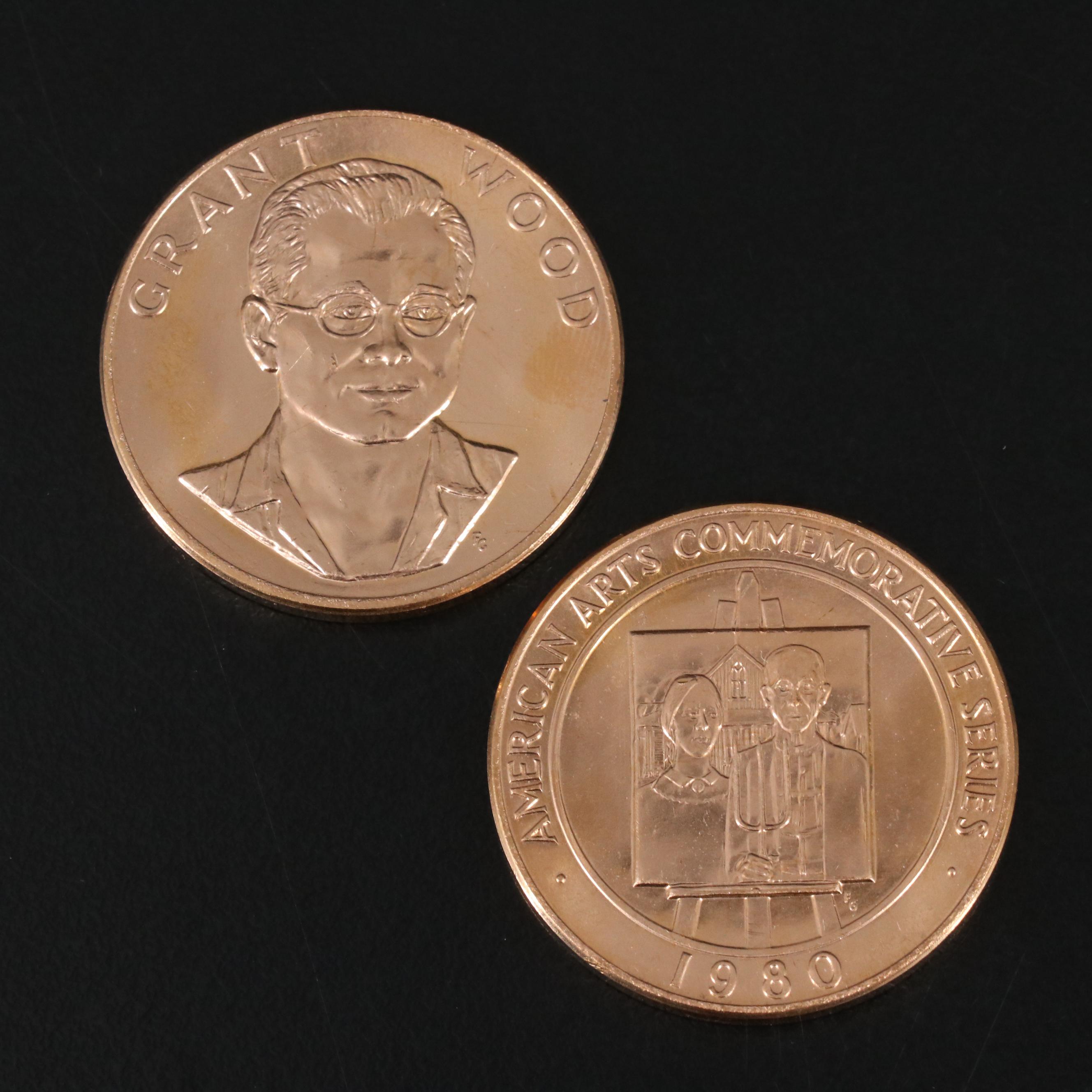 Two 1980 American Arts One Troy Ounce Gold Medallions with Grant Wood