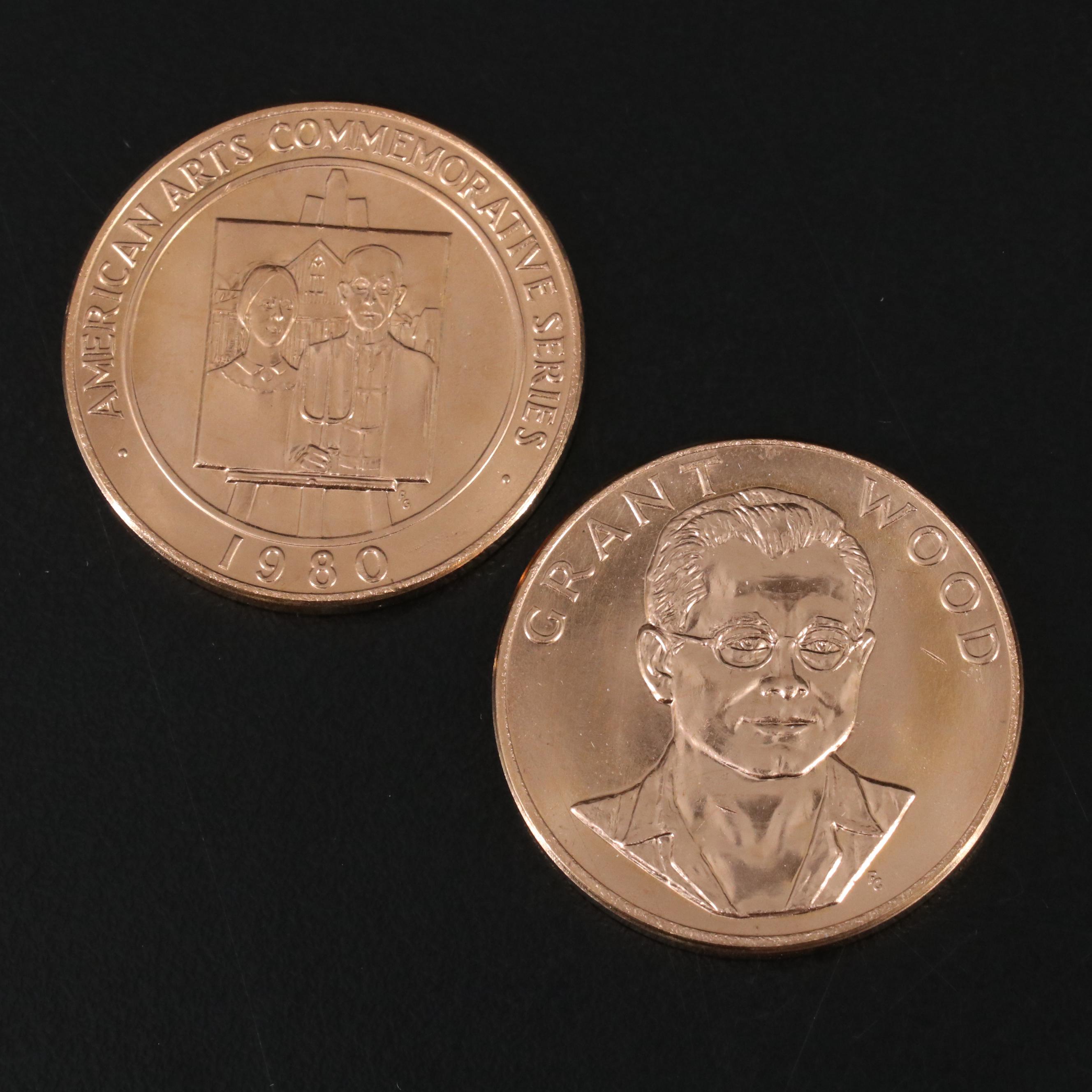 Two 1980 American Arts One Troy Ounce Gold Medallions with Grant Wood