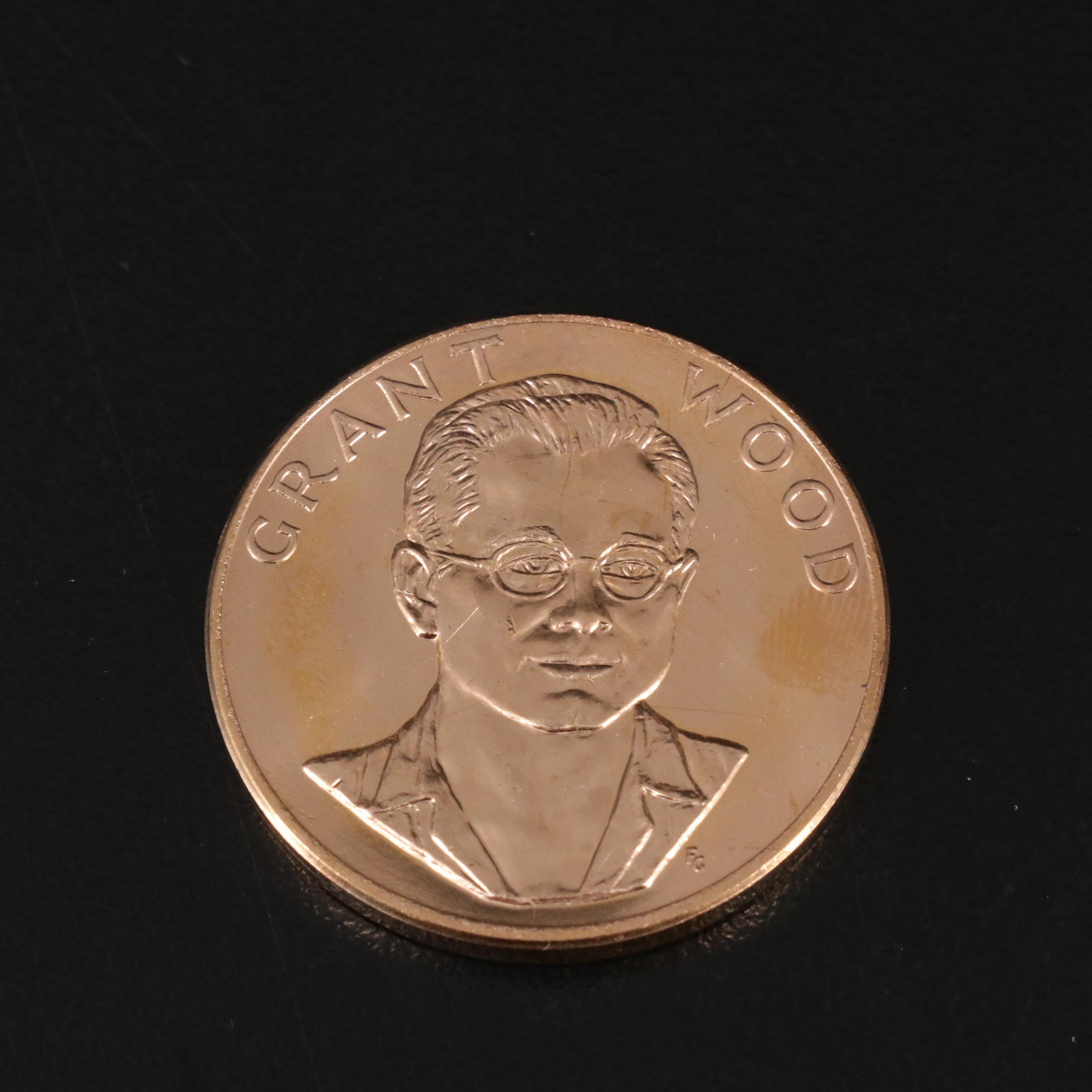 Two 1980 American Arts One Troy Ounce Gold Medallions with Grant Wood