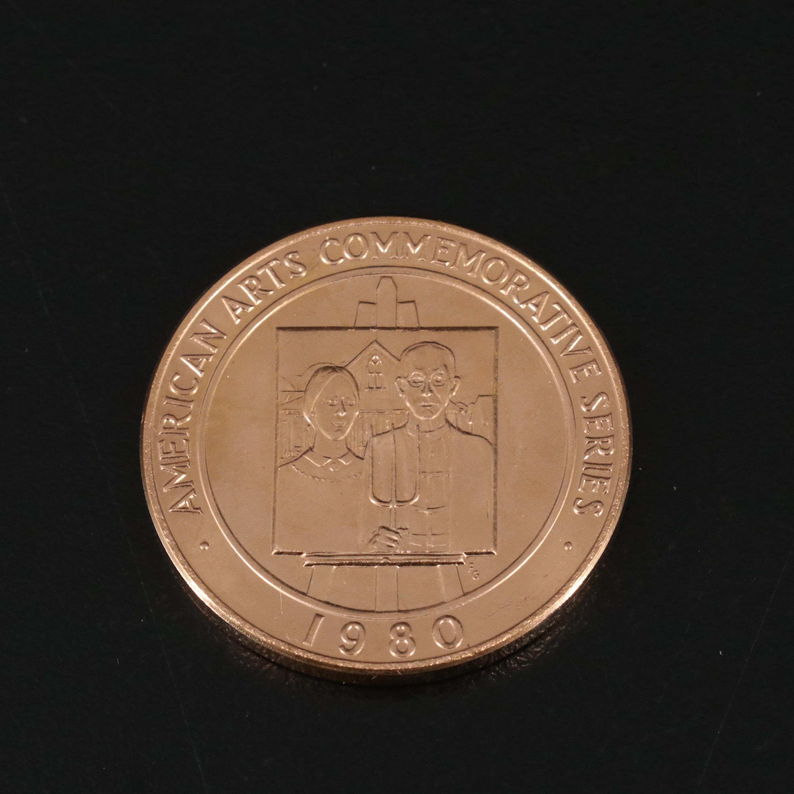 Two 1980 American Arts One Troy Ounce Gold Medallions with Grant Wood