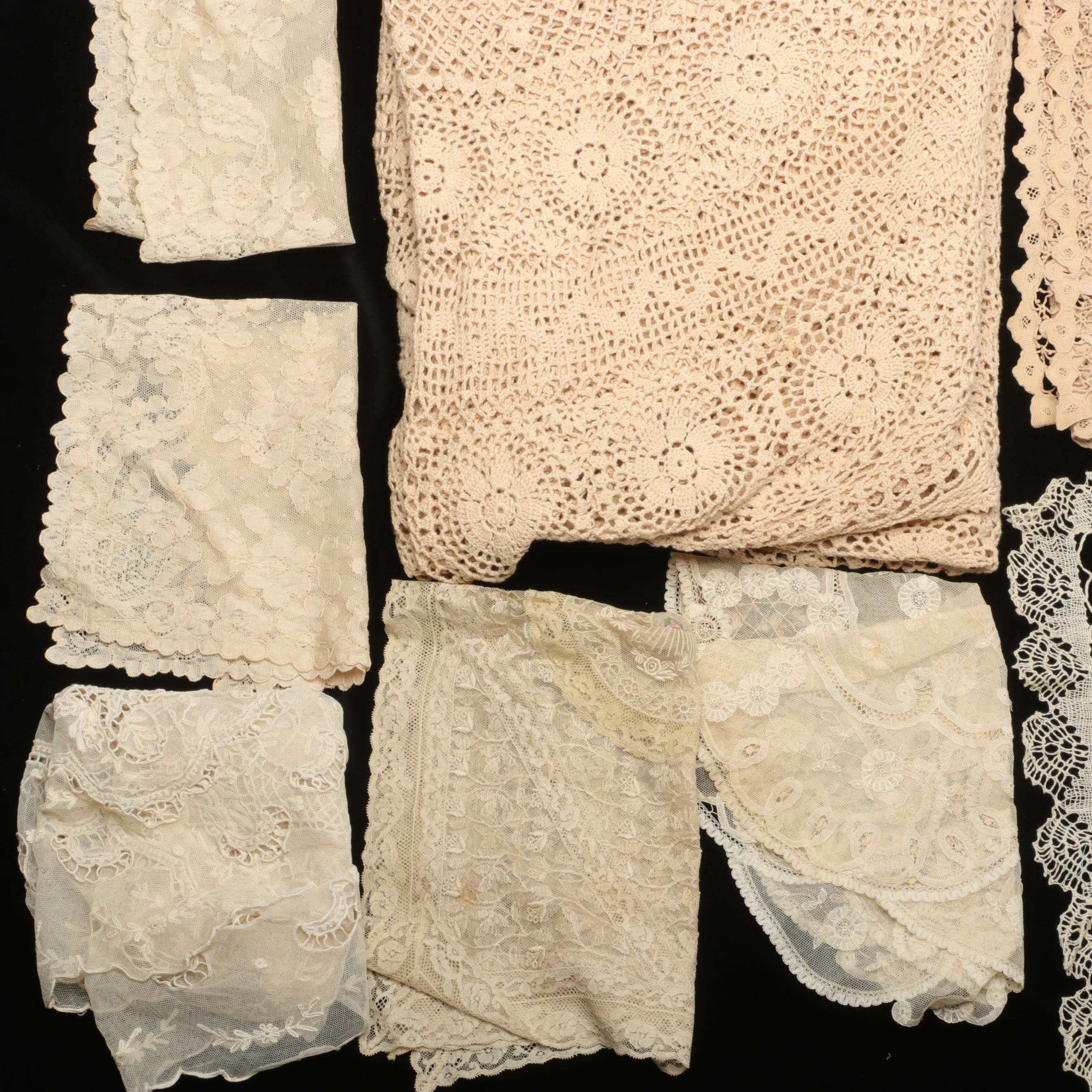 Handmade Crocheted Lace Tablecloths and Other Linens, 20th Century