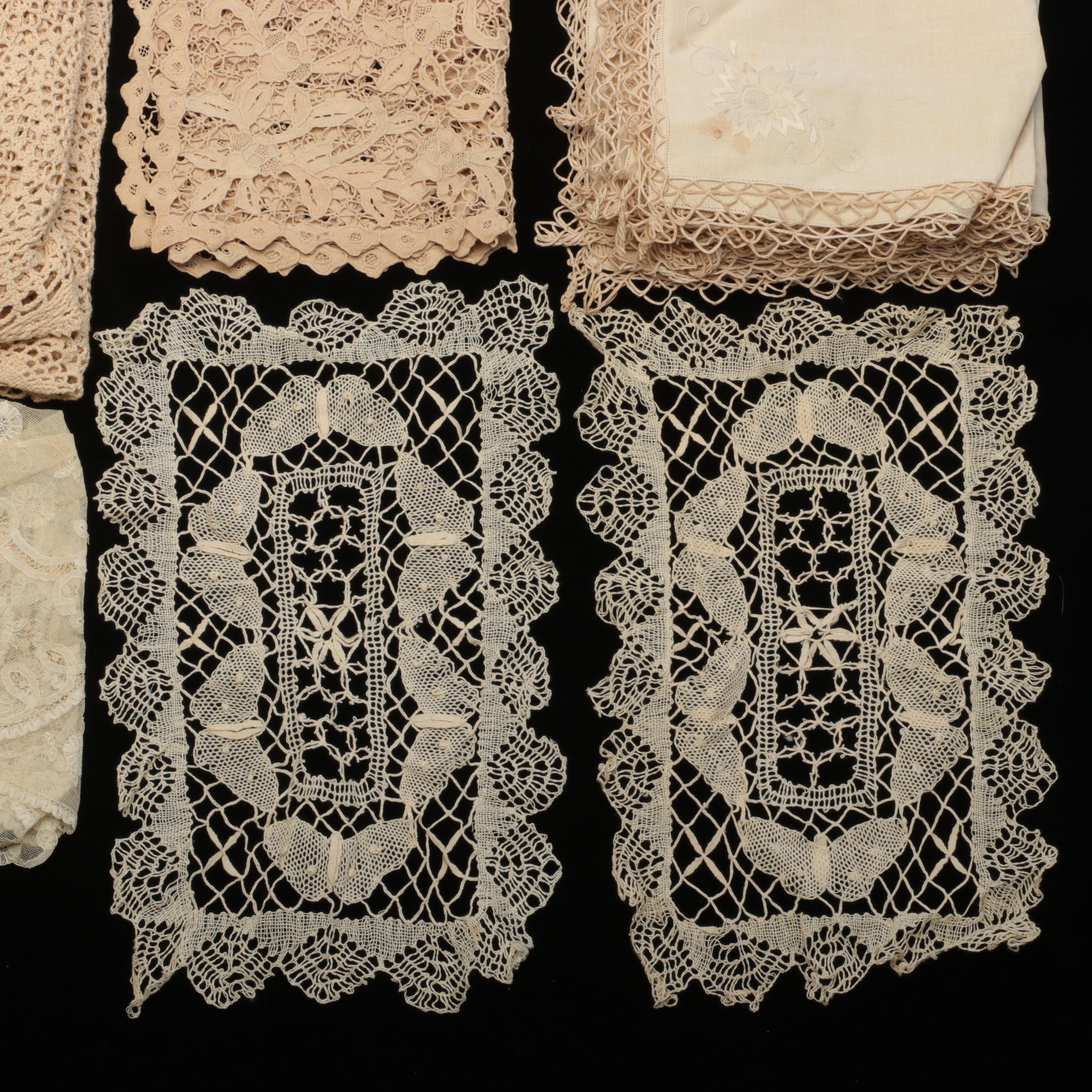 Handmade Crocheted Lace Tablecloths and Other Linens, 20th Century