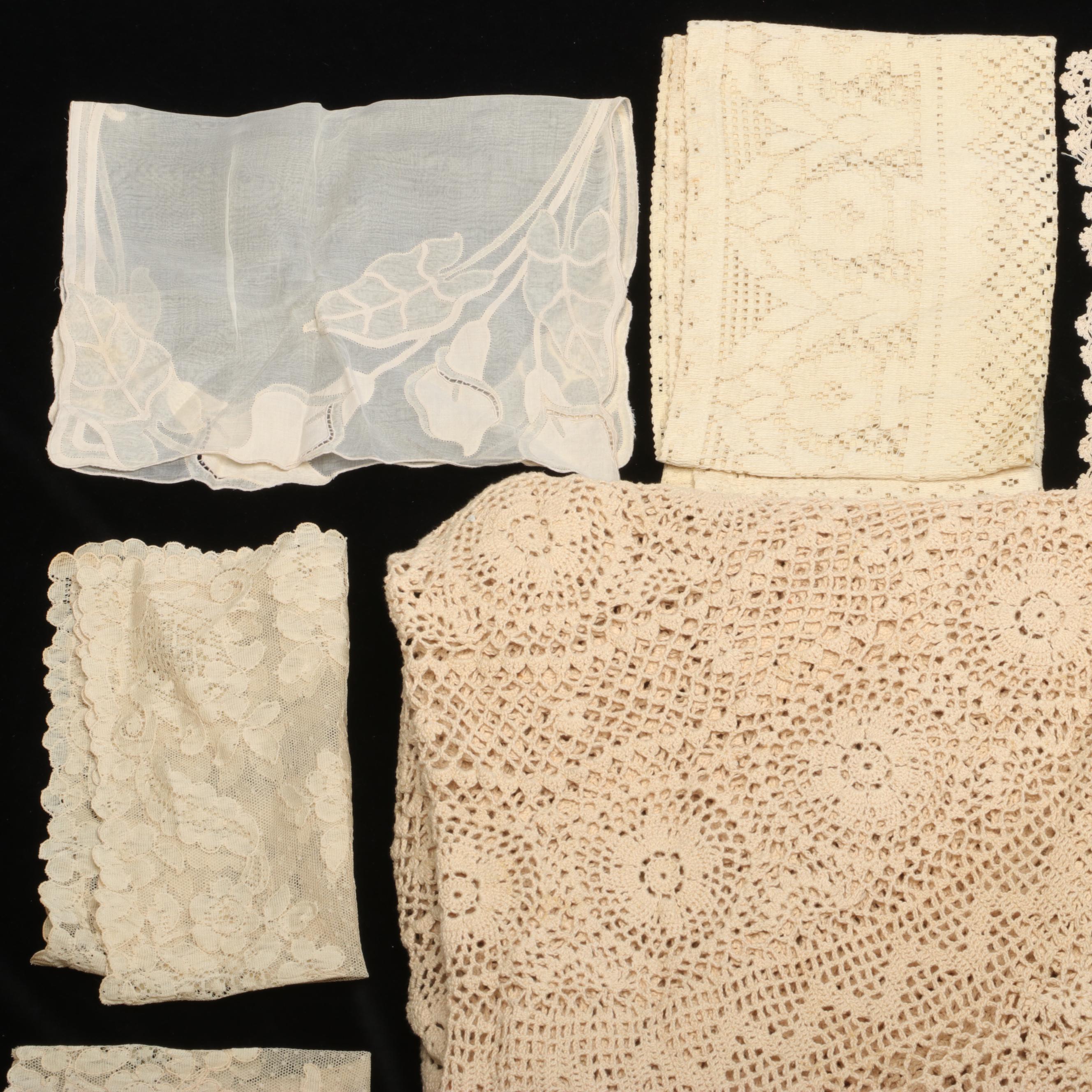 Handmade Crocheted Lace Tablecloths and Other Linens, 20th Century