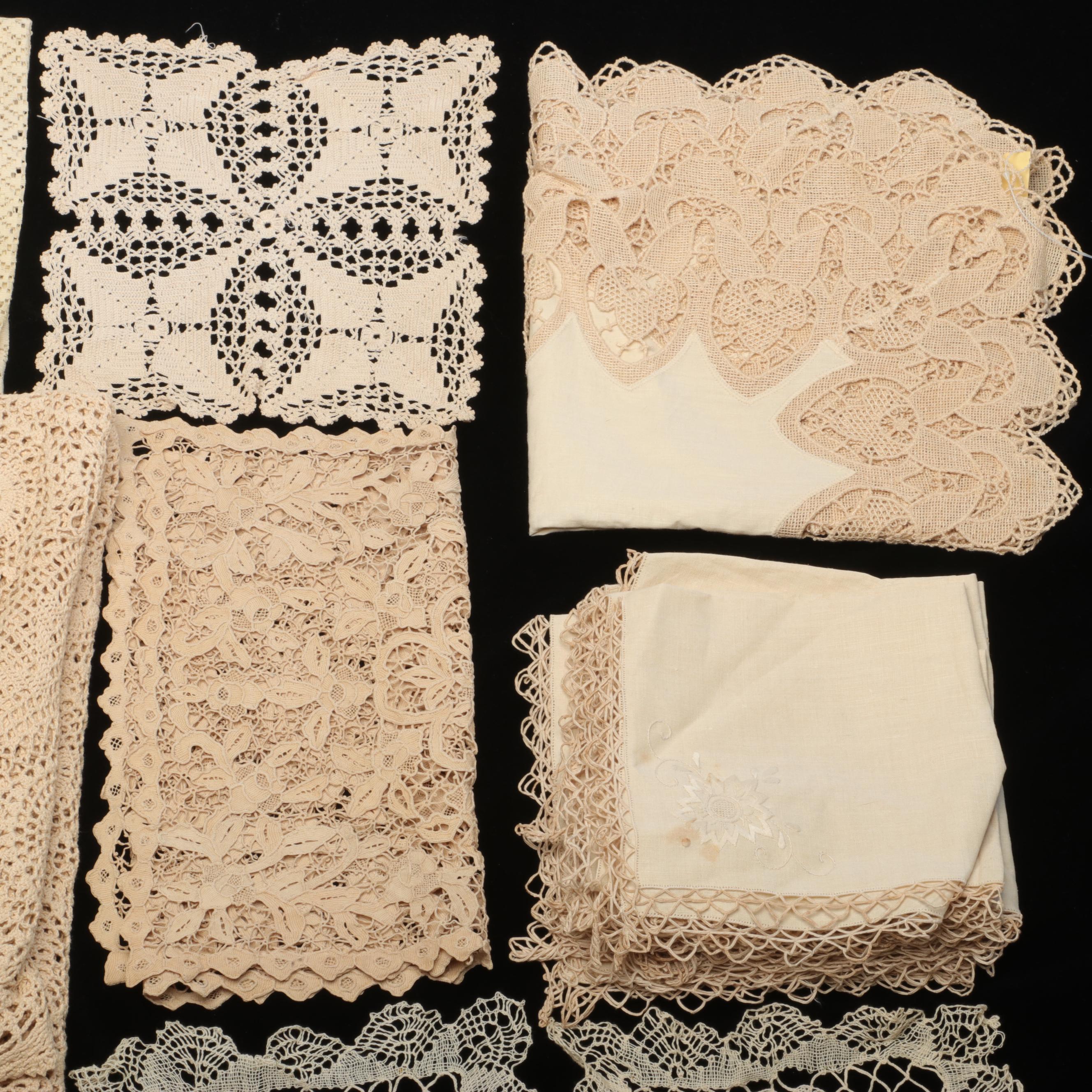 Handmade Crocheted Lace Tablecloths and Other Linens, 20th Century