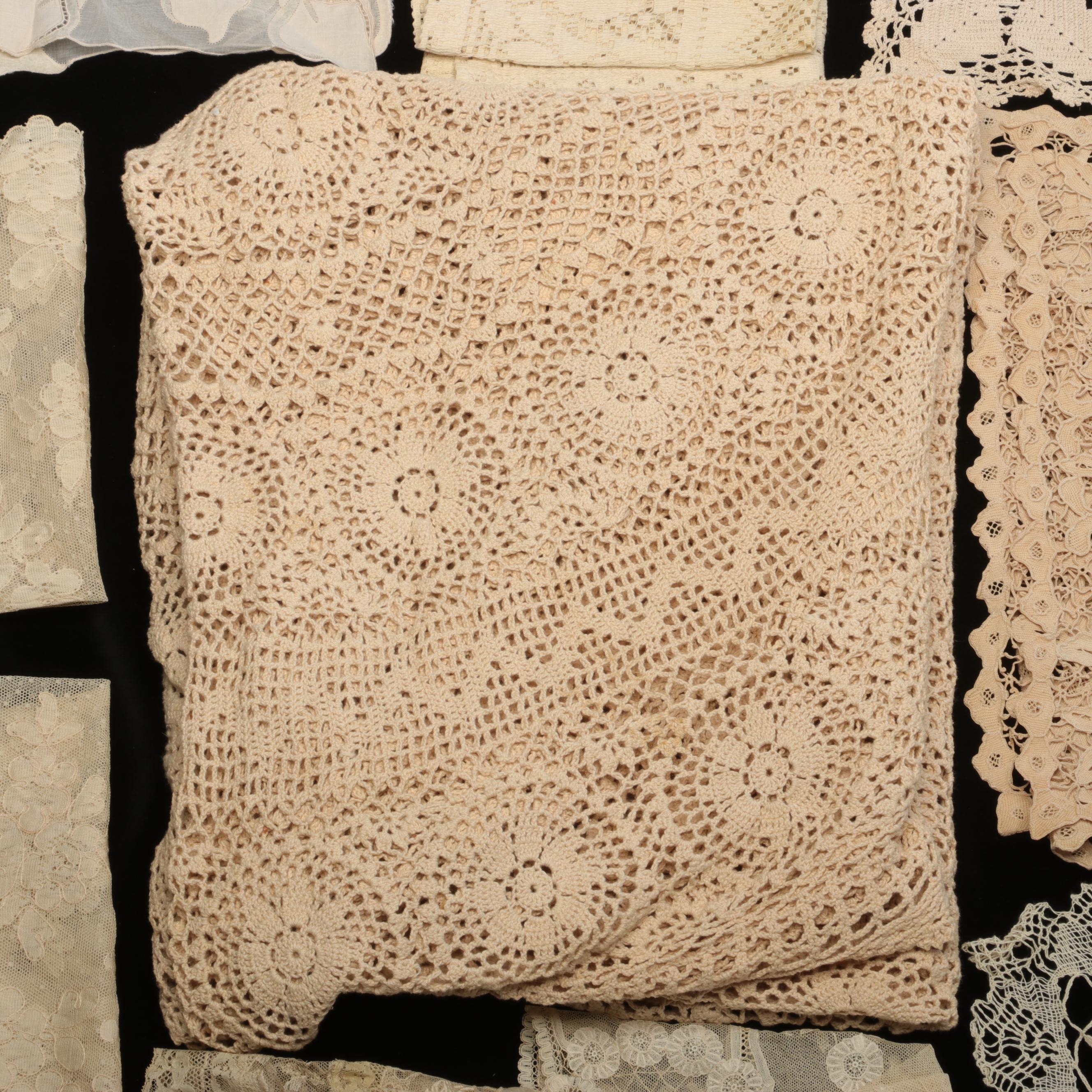 Handmade Crocheted Lace Tablecloths and Other Linens, 20th Century