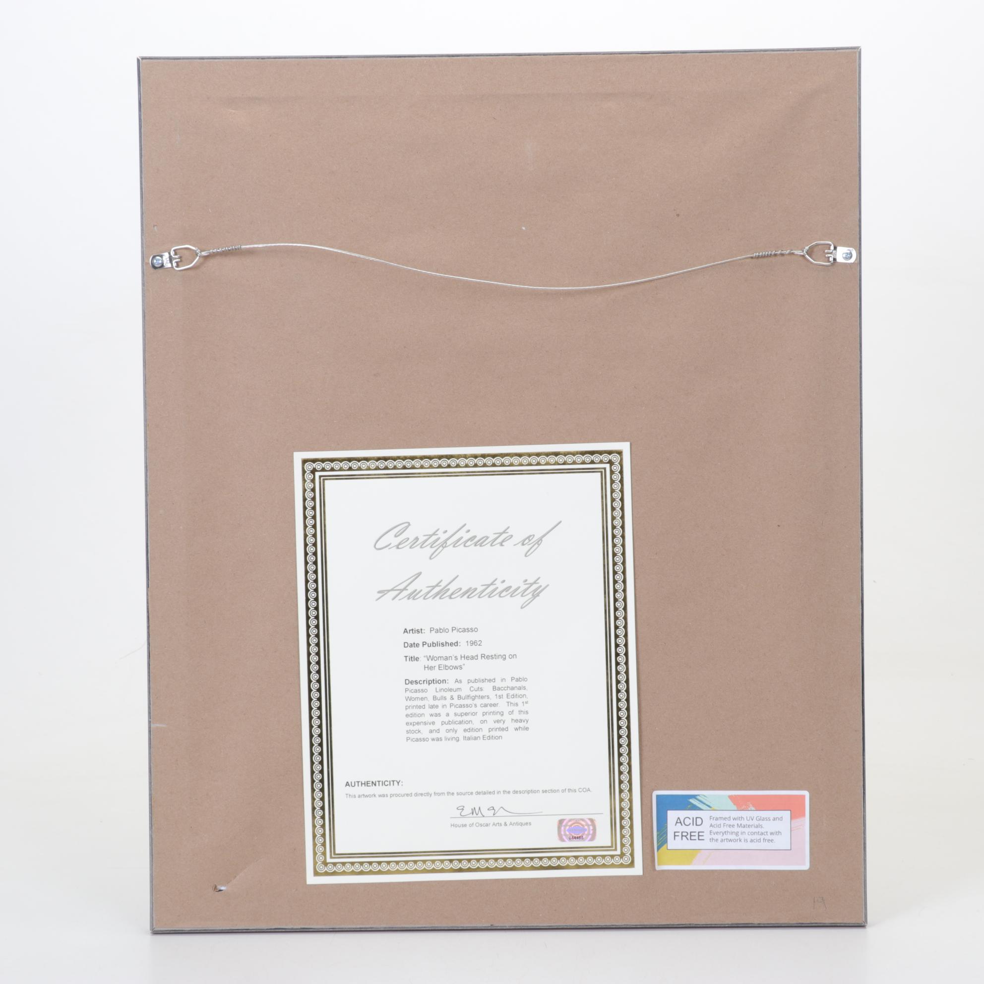 Pablo Picasso Linocut "Woman's Head Resting on Her Elbows" 1962