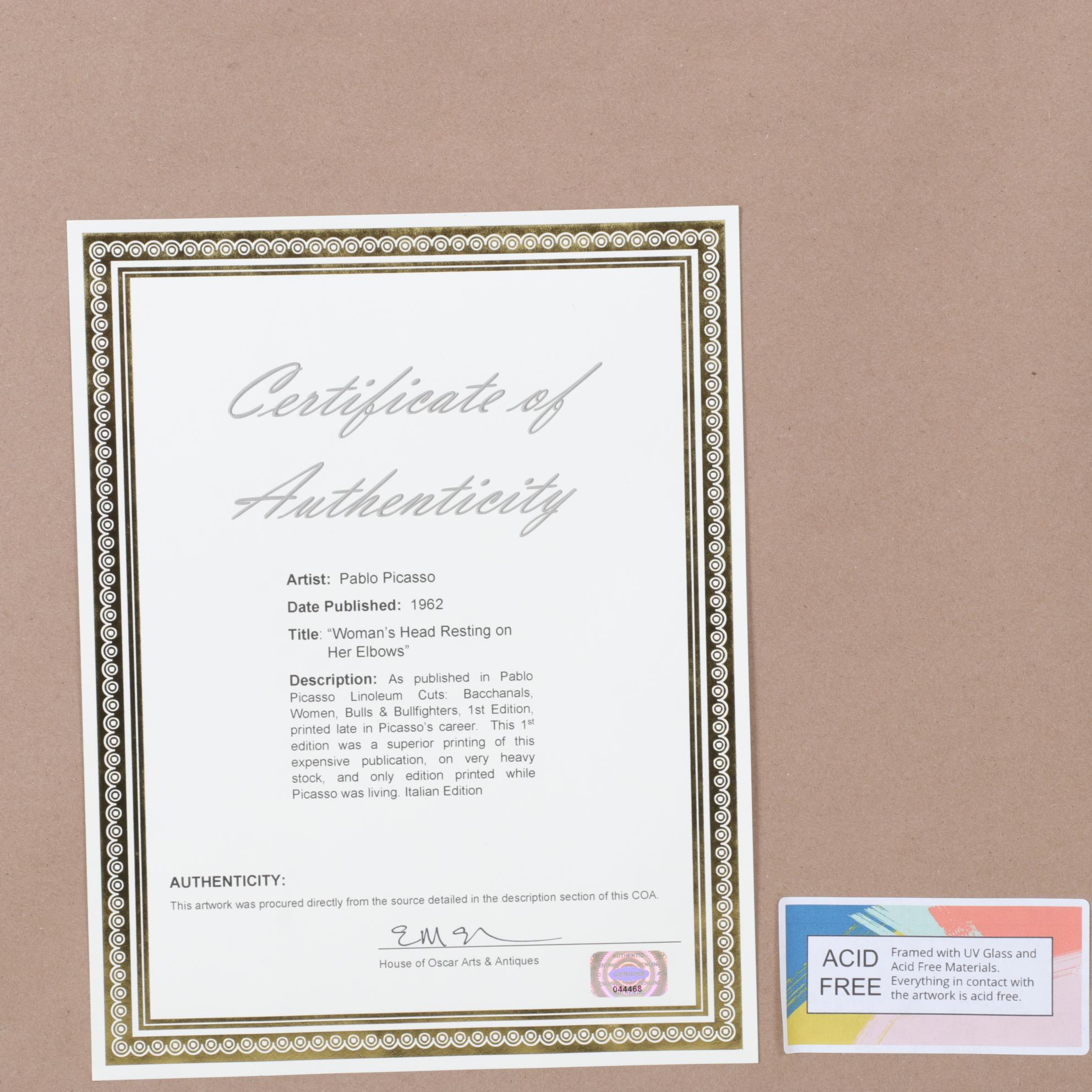 Pablo Picasso Linocut "Woman's Head Resting on Her Elbows" 1962