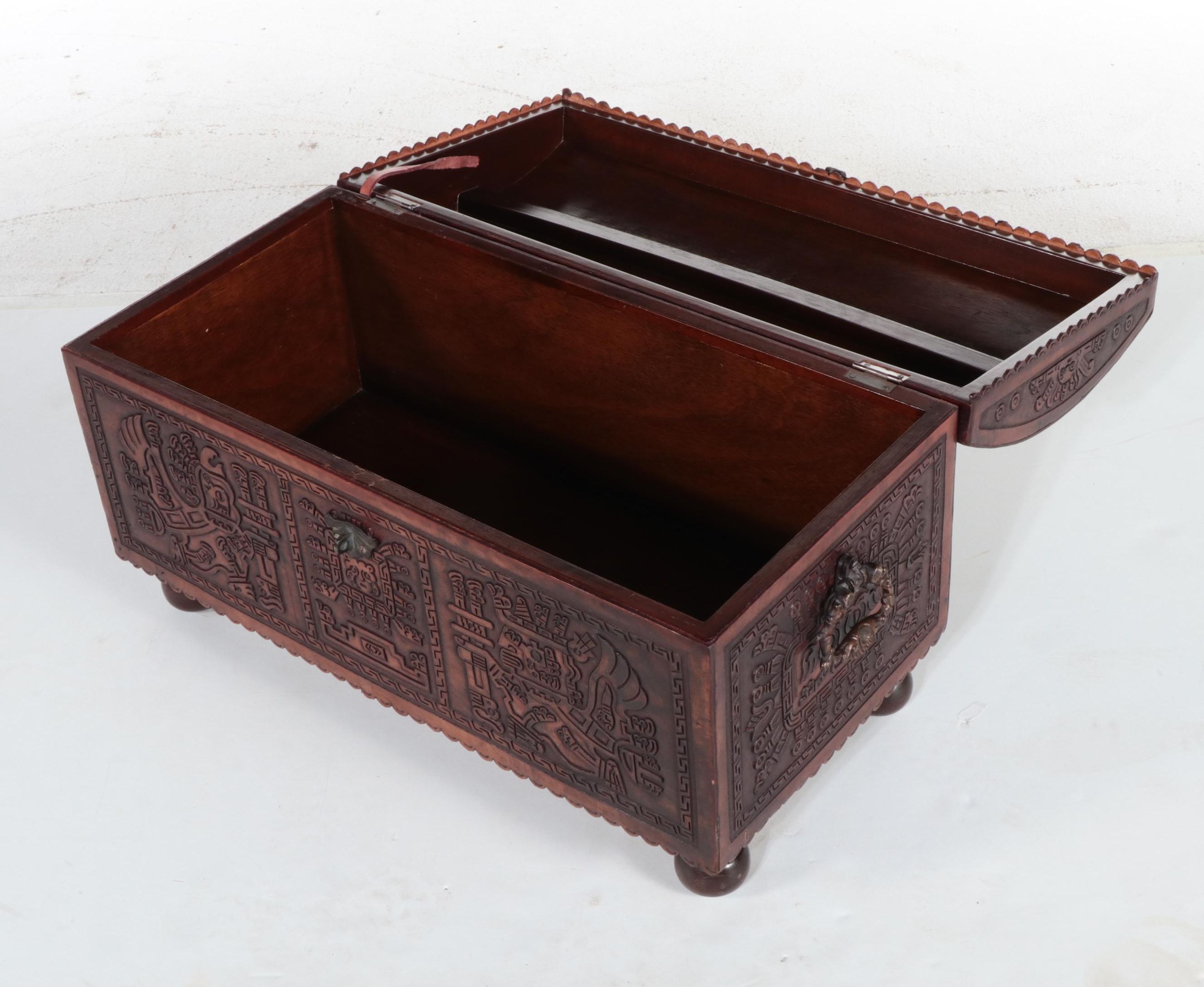 Mayan Motif South American Carved Wood Trunk