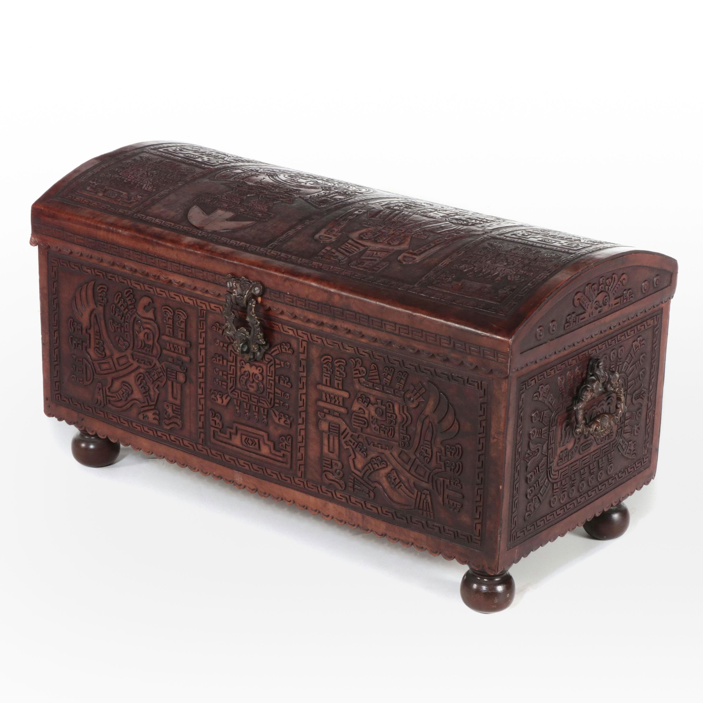 Mayan Motif South American Carved Wood Trunk